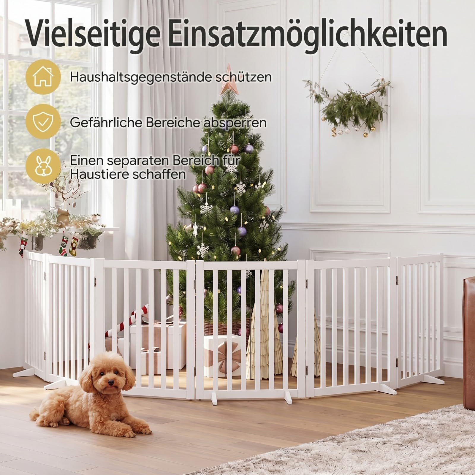 COSTWAY Absperrgitter Hunde 60cm Hoch, Schutzgitter Holz, Kindergitter klappbar, Treppengitter Hundeabsperrgitter flexibel Türschutzgitter (6 Paneelen, Weiß)