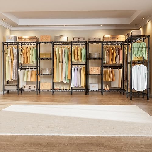 Miniatura 10 de Perchero extensible resistente para ropa, gran sistema organizador de armario de metal, estante de ropa independiente con 9 estantes de alambre