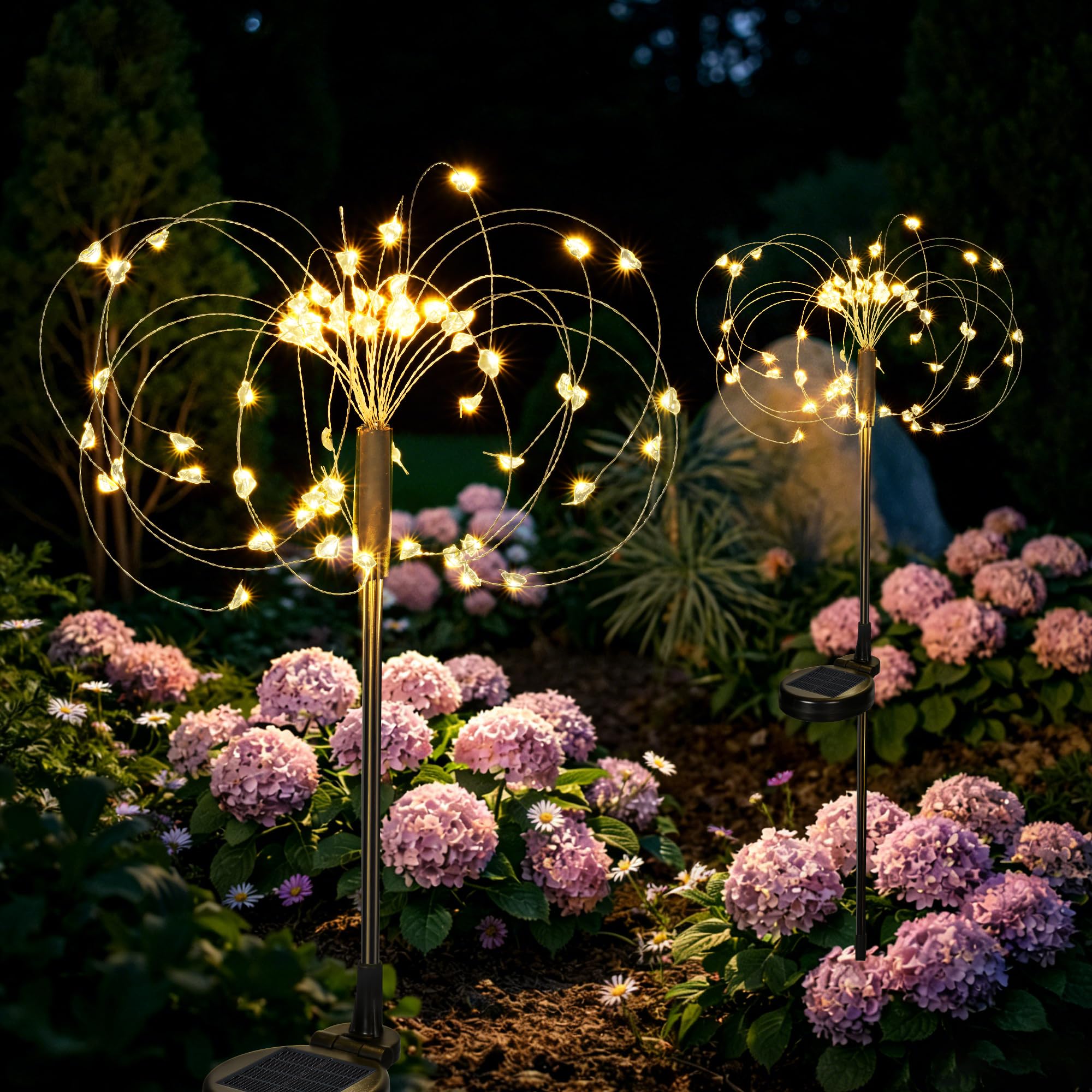 GIGALUMI Solar Lights Outdoor Garden, Heart-Shaped Firework Lights 60 LEDs 2 Packs, Starburst Light for Yard Landscape Lawn Backyard Patio Party Decor(Warm White)