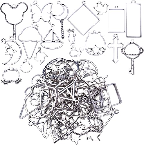 Dijes de bisel de plata antigua de 3.53 oz (3.53 oz), bisel de aleación con parte trasera abierta, marco de flores huecas, moldes de resina para