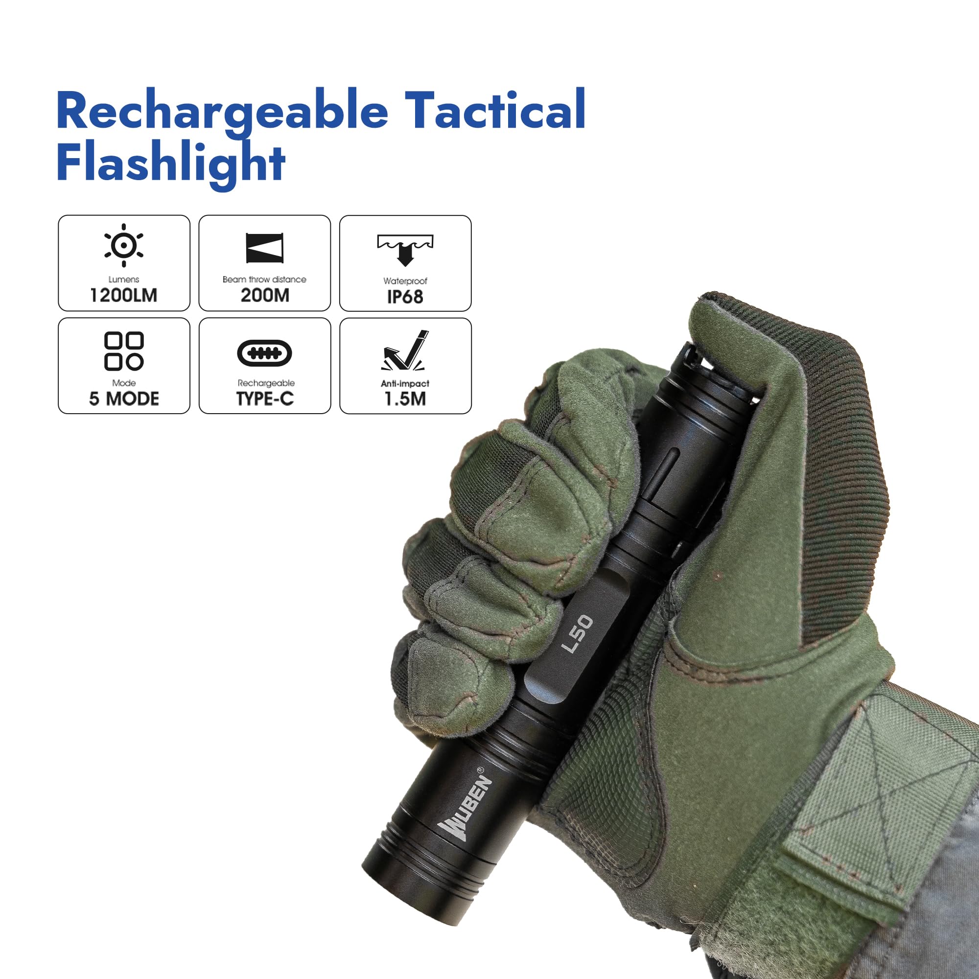 WUBEN C2 Linternas LED Alta Potencia, 2000 Lúmenes Linterna LED Recargable, USB Táctica Potente IP68 Impermeable 7 Modos Flashlight para Emergencias Camping Regalo