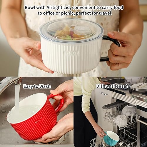 Miniatura 7 de Seyatoo Tazón de sopa de cerámica con tapa, taza de sopa con tapa de mano y hermética, taza de sopa grande para microondas para cereales, ensalada,