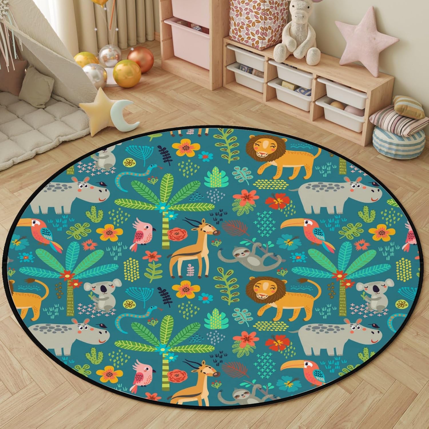 XOLLAR 3 ft Round Rug for Boys Girls Bedroom Jungle Animals Soft Circle Area Rug