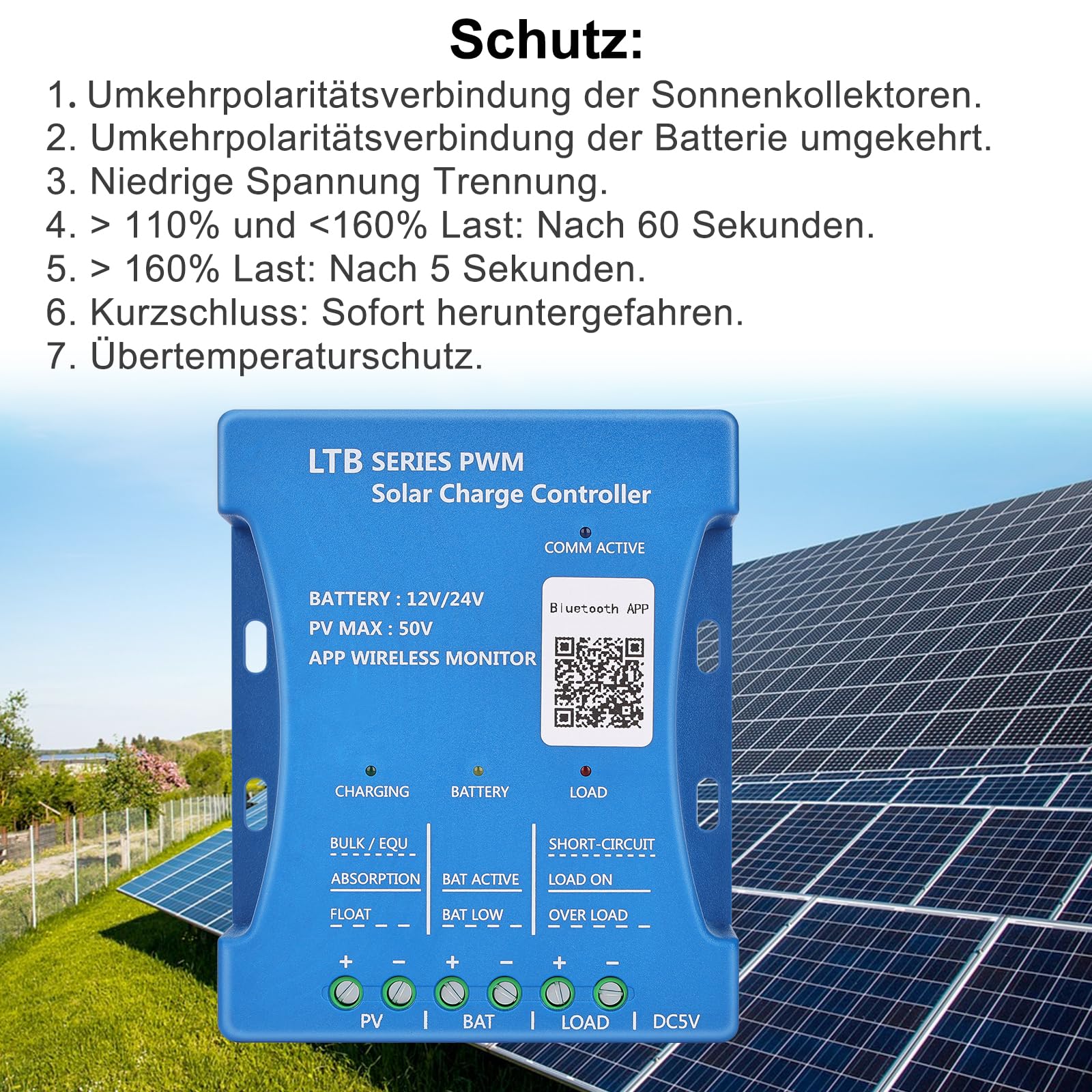 【20A Bluetooth Contrôleur de Charge】KWODE 12V/24V PWMs Régulateur Panneau Solaire Chargeur Routeur Solaire Bluetooth Intelligente Contrôleur avec 5V Port USB pour Plomb-acide, LiFePO4,Lithiu Batteries