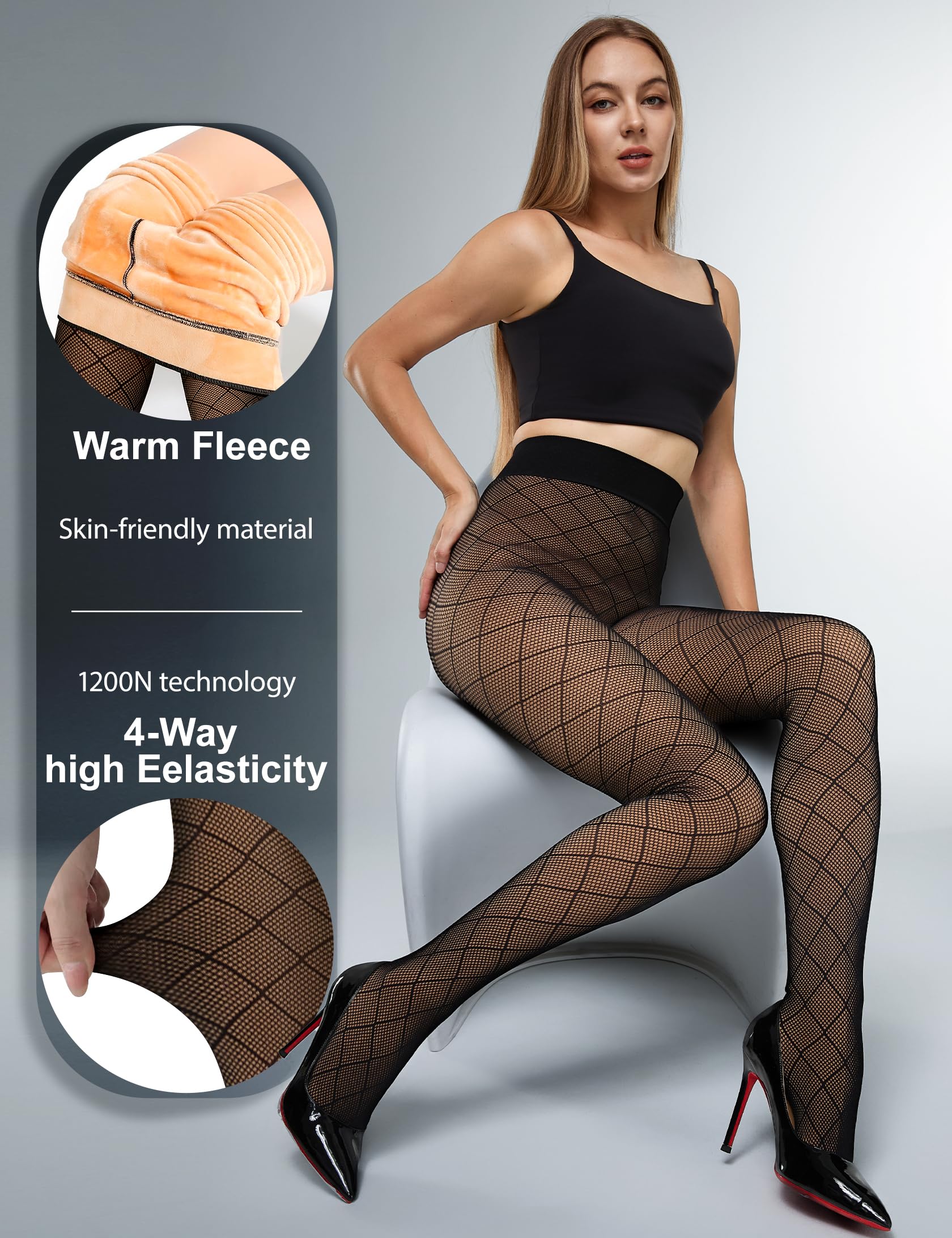 KBVOT Fleece Lined Tights Women Sheer Warm Pantyhose Leggings Fake Translucent Thermal Winter Thick Tights for Dresses: Fishnet Medium