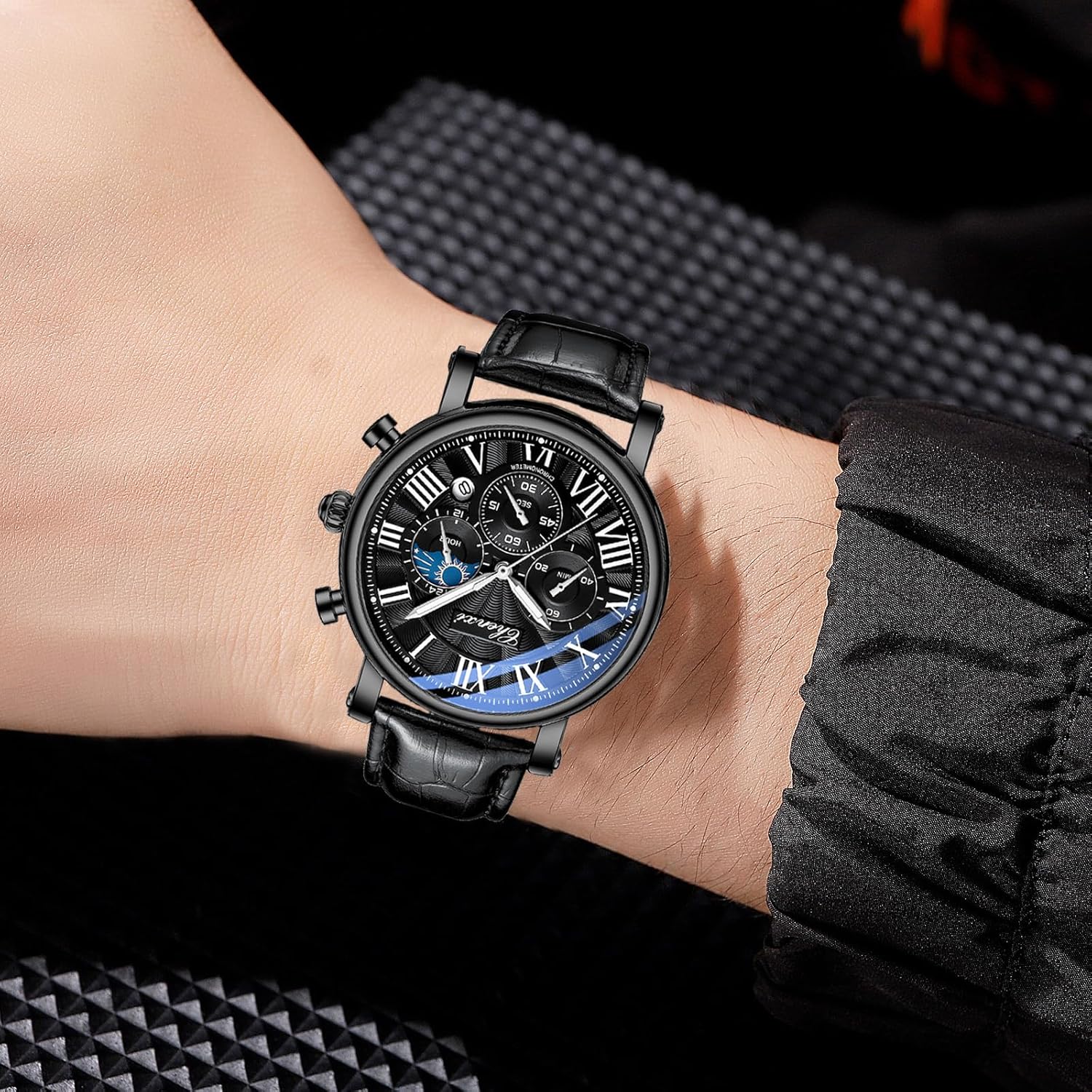 FANMIS Men's Classic Multifunctional Military Sports Analog Watch Business Dress Waterproof Luminous Chronograph Starry Sky Moon Phase Leather Wristwatch