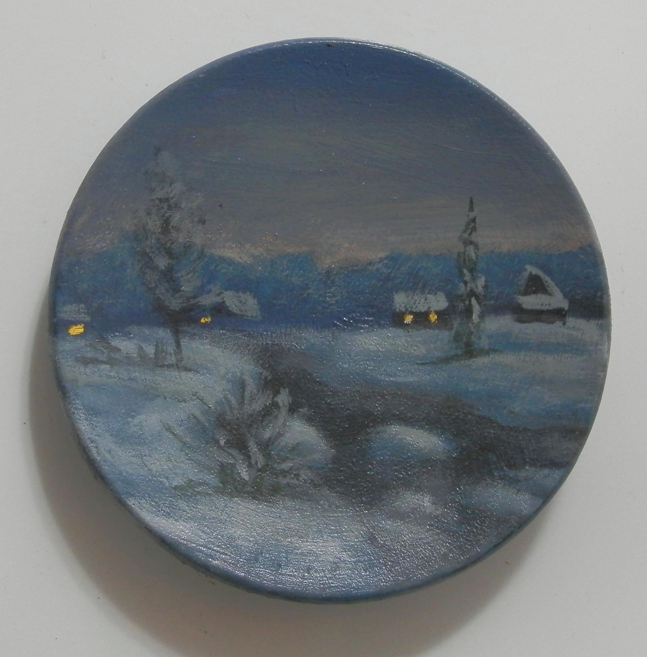 Painting 4_04: Wintry Countryside, refrigerator magnet, on wooden plate, 3.5" wide, gift wrapped