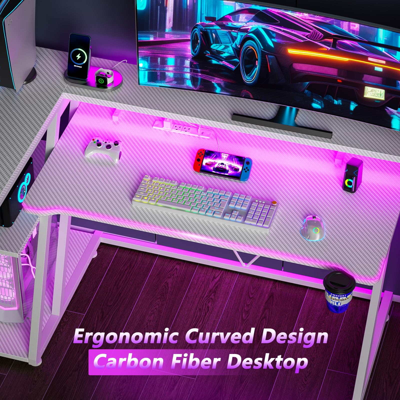 Escritorio para juegos de 39 pulgadas con toma de corriente y luces LED, mesa de juegos para computadora en forma de L con estantes de almacenamiento de 3 niveles, escritorio de esquina para jugadores