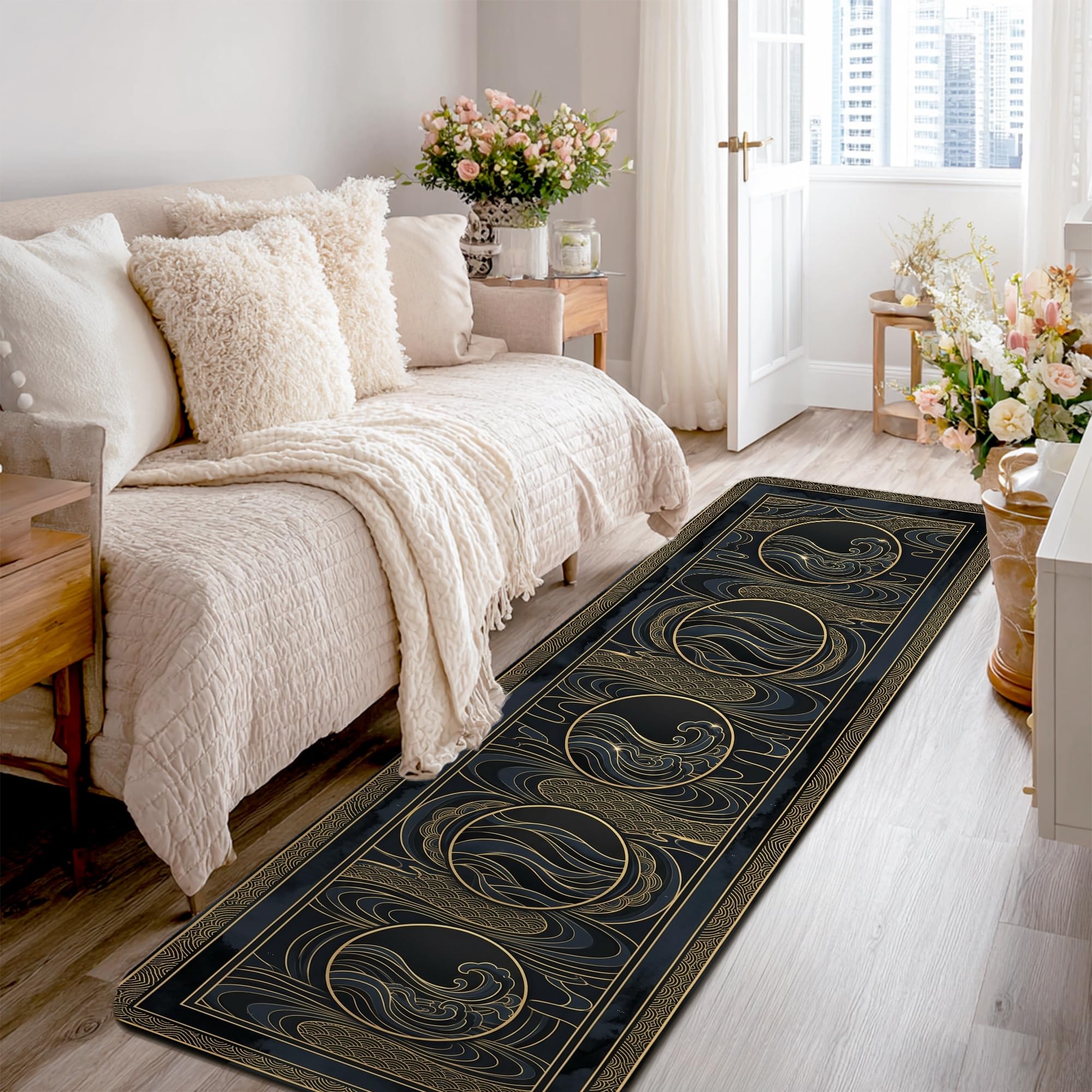 Alfombra de pasillo antideslizante con diseño de ondas y líneas modernas