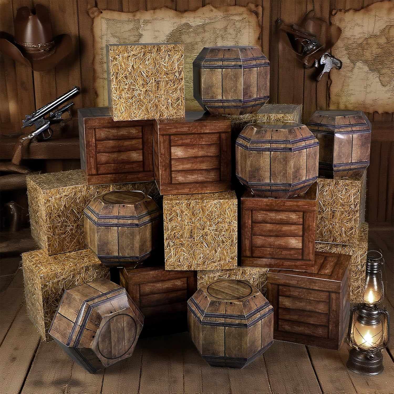 24 Pcs Western Cowboy Party Decorations 11.8 Inches Summer Halloween Hay Bales Boxes Decor Include Wood Grain Wine Barrel Boxes Hay Decoration for Pirate Farmhouse Western Themed Party