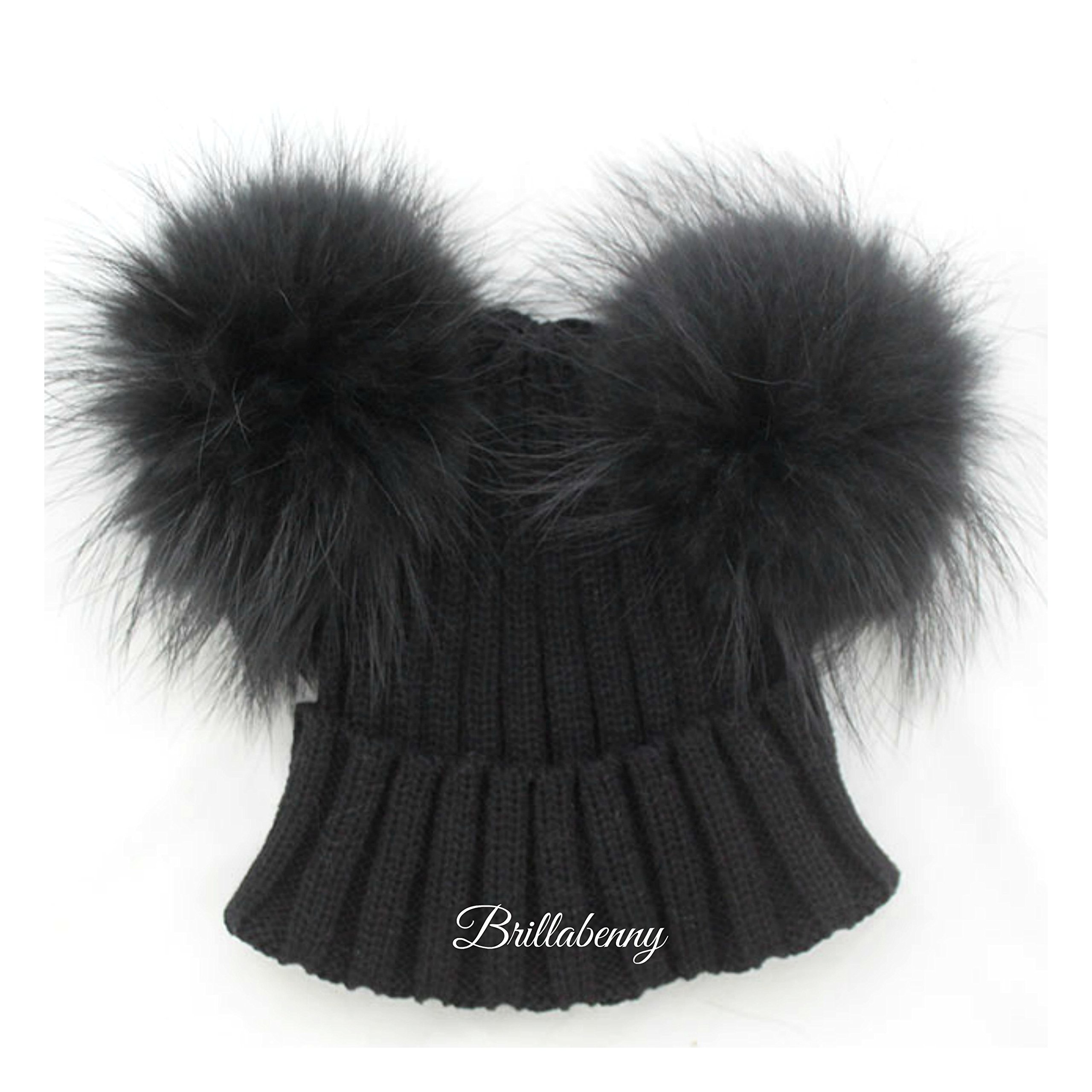 Cappello Pelliccia Vera Doppio PON PON Nero Ragazza Donna Cuffia Berretto Hat Fur Luxury Neve Sci Inverno Regalo Natale