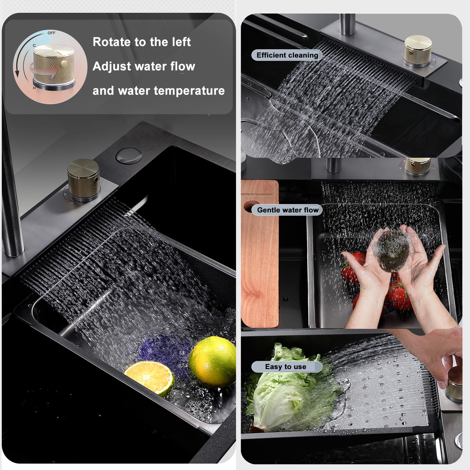 Lavello da Cucina,lavello Cucina a Cascata,Vasca Singola,in Acciaio Inox,Multifunzione,da Incasso/sottotop,lavabo Nero con Accessori Estraibili,Posto di Lavoro (60 * 45cm)