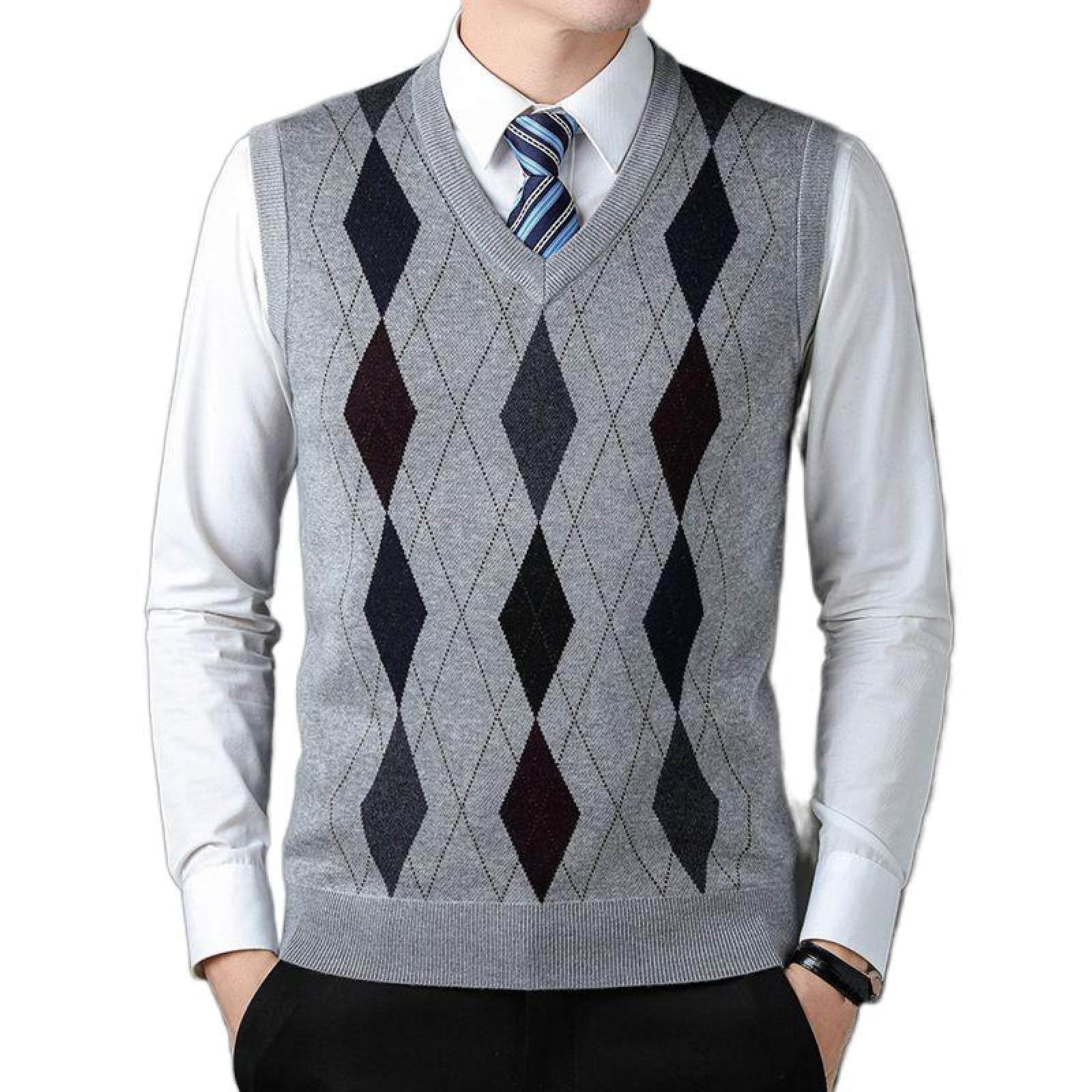 Gilet Uomo Senza Maniche A Rombi – Misto Lana (50% Poliestere, 25% Acrilico, 25% Lana) – Scollo A V, Maglia Lavorata, Caldo E Morbido Per Autunno E Inverno - 3