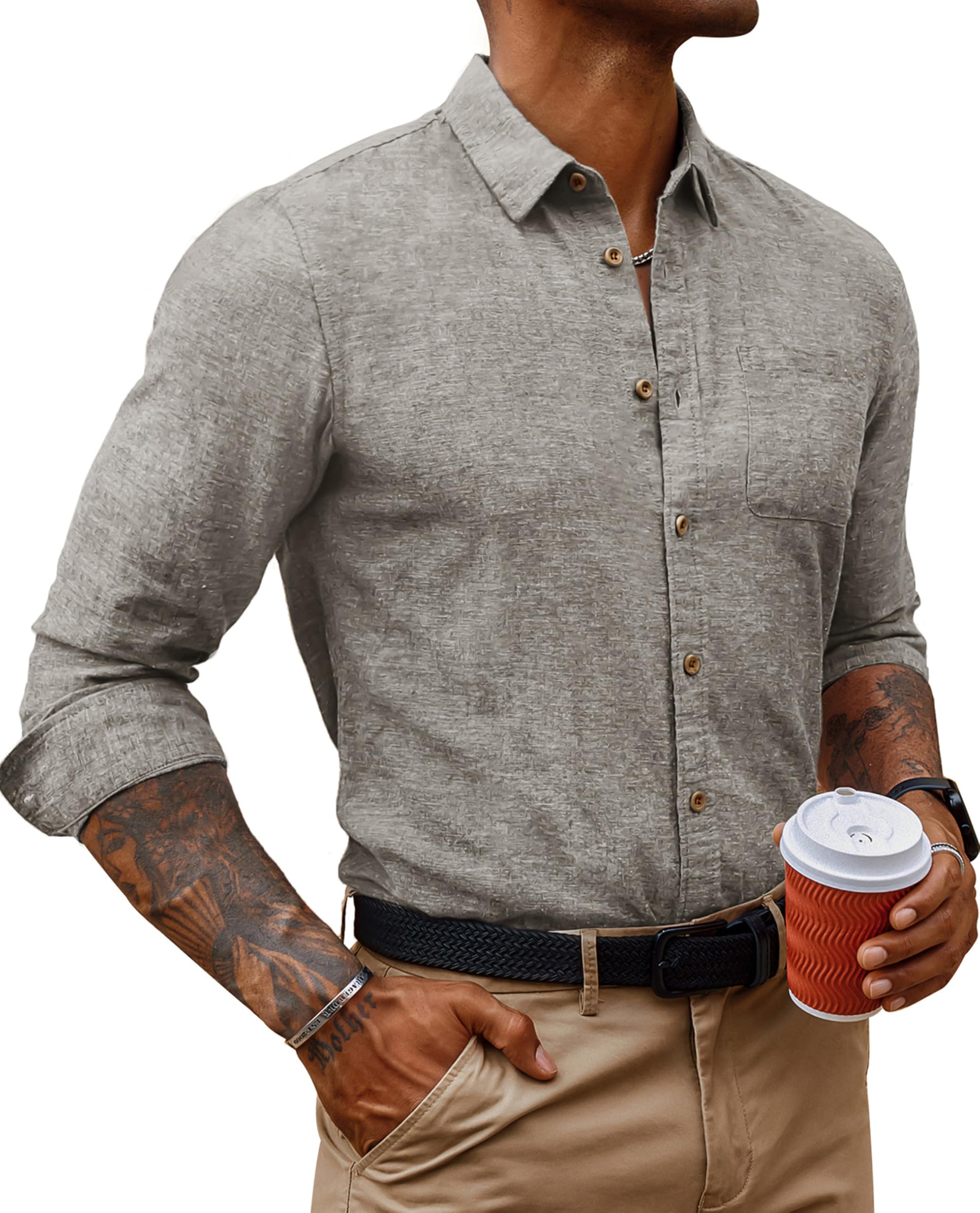 PJ PAUL JONES Men's Linen Shirts Casual Button Down Long Sleeve Shirt Lightweight Beach Shirt with Pocket