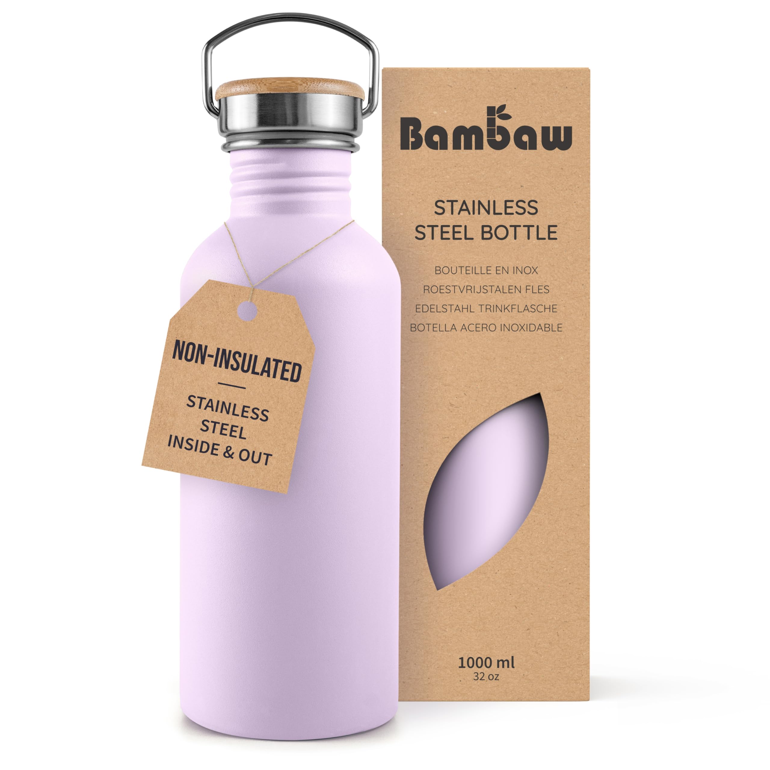 Bambaw Lavender Haze Stainless Steel Water Bottle 1L, Purple Non-Insulated Water Bottle, Metal Water Bottle, Leakproof & Reusable Water Bottle – Lavander Haze