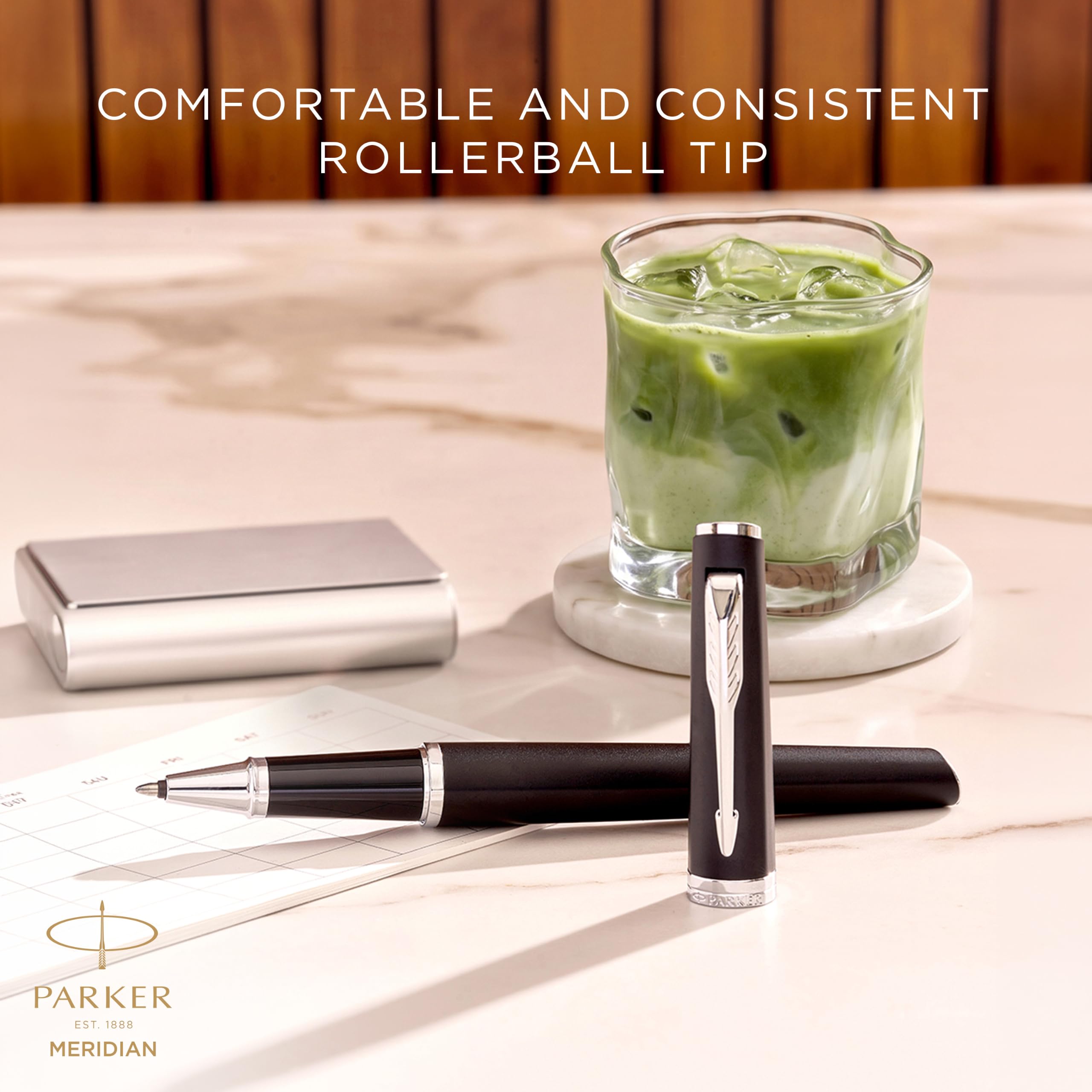 Parker Meridian Stylo roller | Laque noire mat avec garnitures chromées | Plume fine | Stylos pour l'écriture et Fournitures de papeterie | Encre noire | Boîte cadeau de luxe