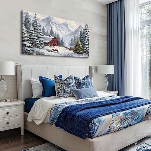 Miniatura 2 de 20"x 40" Canvas Wall Art Christmas Tree Red Barn Cow drawn Sleigh Rustic Vintage Framed Pictures Painting Prints Large Wall Art for Living Room