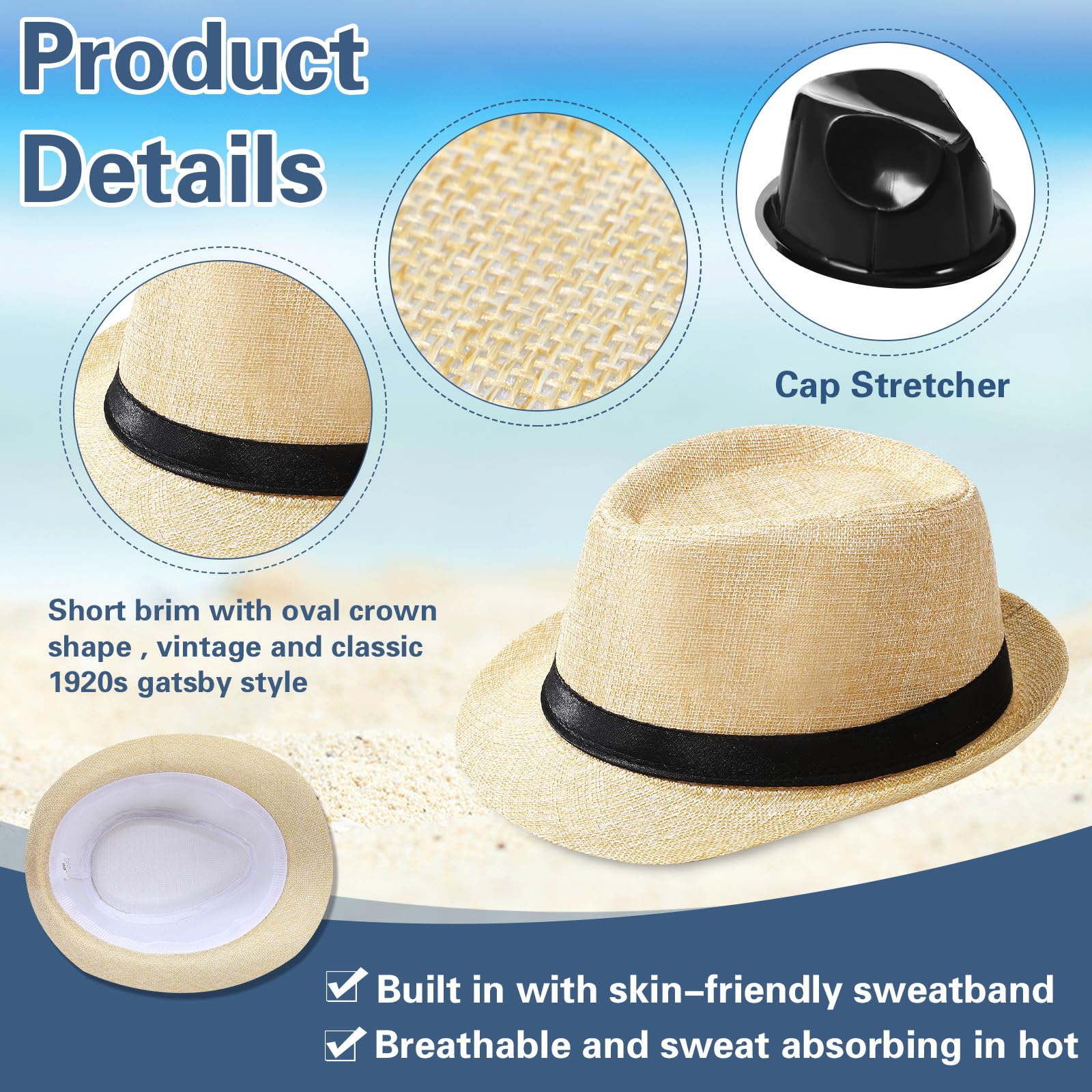 Suhine Lot de 36 chapeaux Fedora d'Halloween pour homme en vrac années 20 en paille à bord court soleil panama femme costume de fête, circonférence 60 cm
