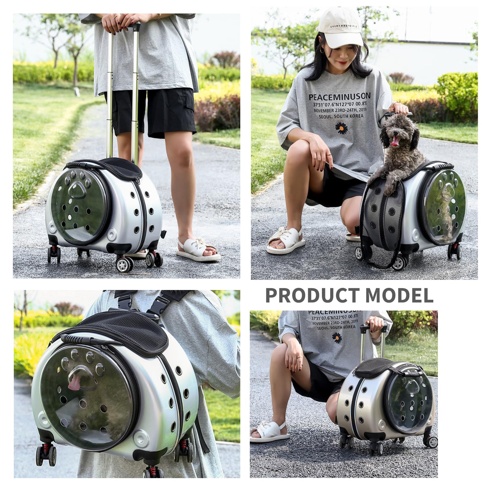 PETCUTE Zaino Trolley per Cani Gatti,Buona Ventilazione,Zaino per Gatti con Tappetino Rimovibile,Comoda Maniglia,Pieghevole Trasportino Gatto con Ruote per Cani Piccoli Gatti Medi Fino 7.5 KG
