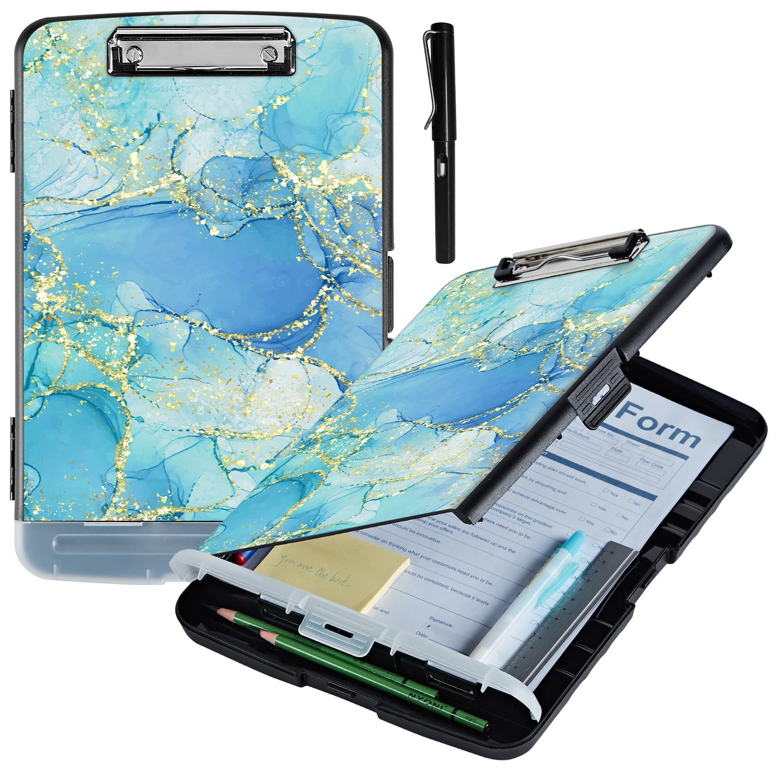 Metal Clipboard with Storage,High Capacity Nursing Clipboards with Pen Holder,Heavy Duty Storage Clipboard Folder Folio,Side-Opening,for School & Office Supplies,with A Pencil,Marble Green Golden