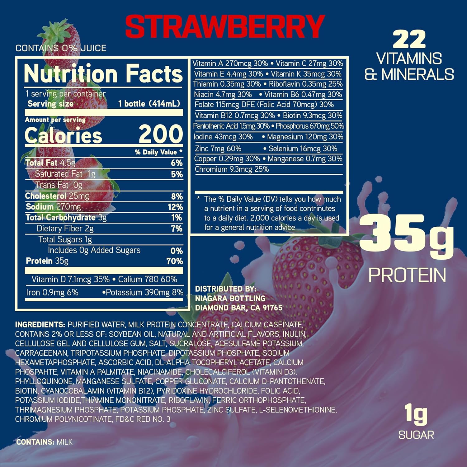 35g Protein Shake, 14 fl. oz., 12 pack, 22 Vitamins & Minerals, Supports Immune Health - Delivered by Waterpallets (14 fl oz, Strawberry)