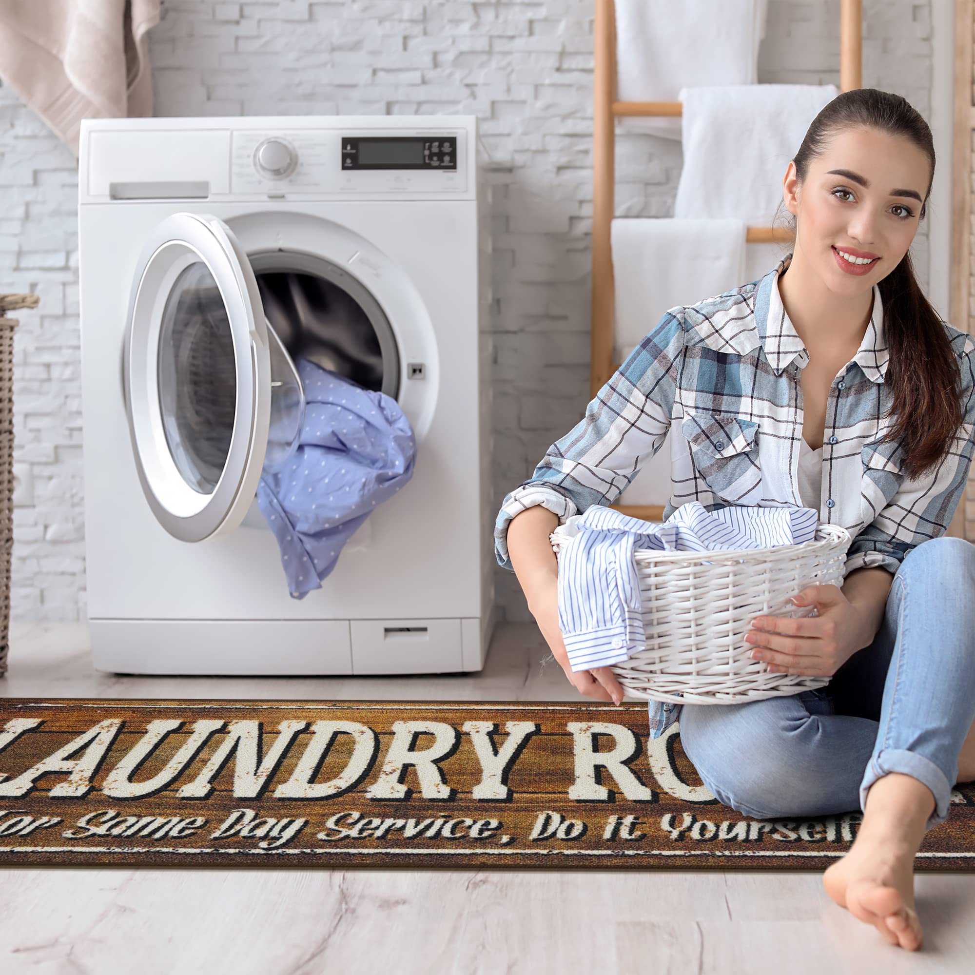 Machine Washable Text Design Laundry Room Rug Non-Slip Rubberback 2x5 ...