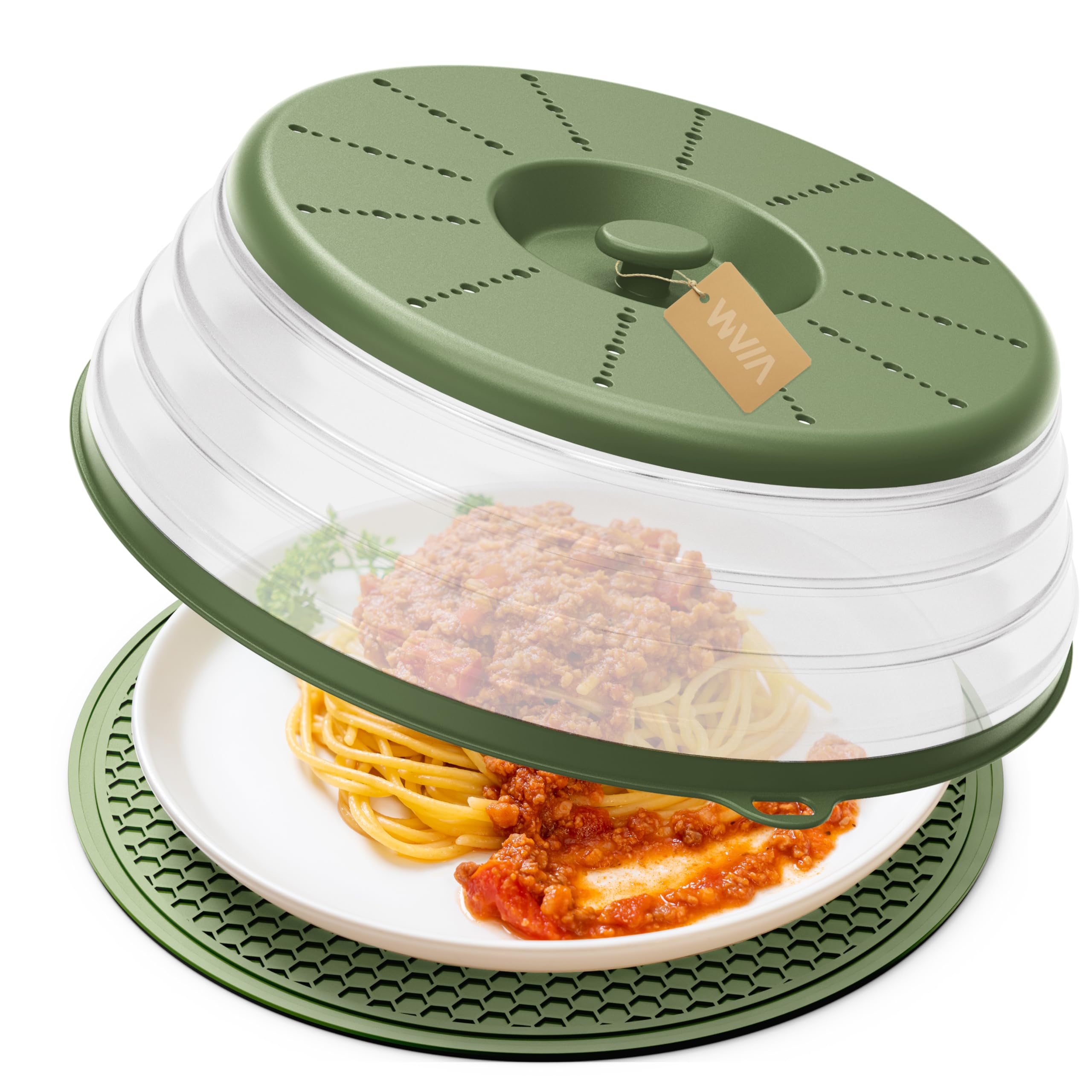 WVM Microwave Splatter Cover Vented for Food with Hook Hole, Splatter Guard &amp; Colander Kitchen Gadget for Food, Meal Prep, Cover &amp; Mat(Green), M(11"x3.26")-Pack of 1
