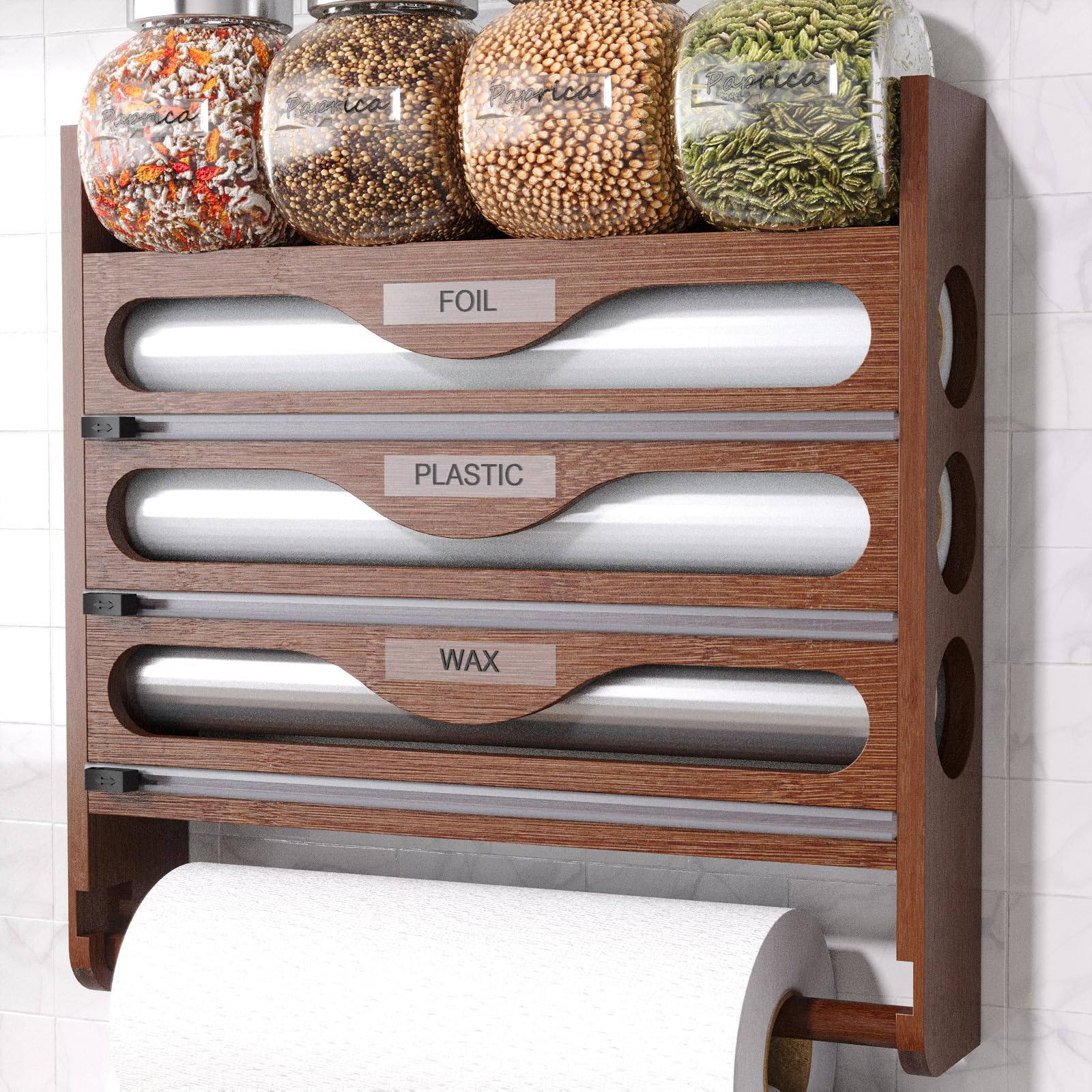 Dispenser per Pellicola Trasparente 4 in 1 con Portarotolo da Cucina,Organizer da Parete per Fogli di Alluminio,Pellicola di Plastica e Carta Oleata,Contenitore Multiuso con Rotolo-Braun