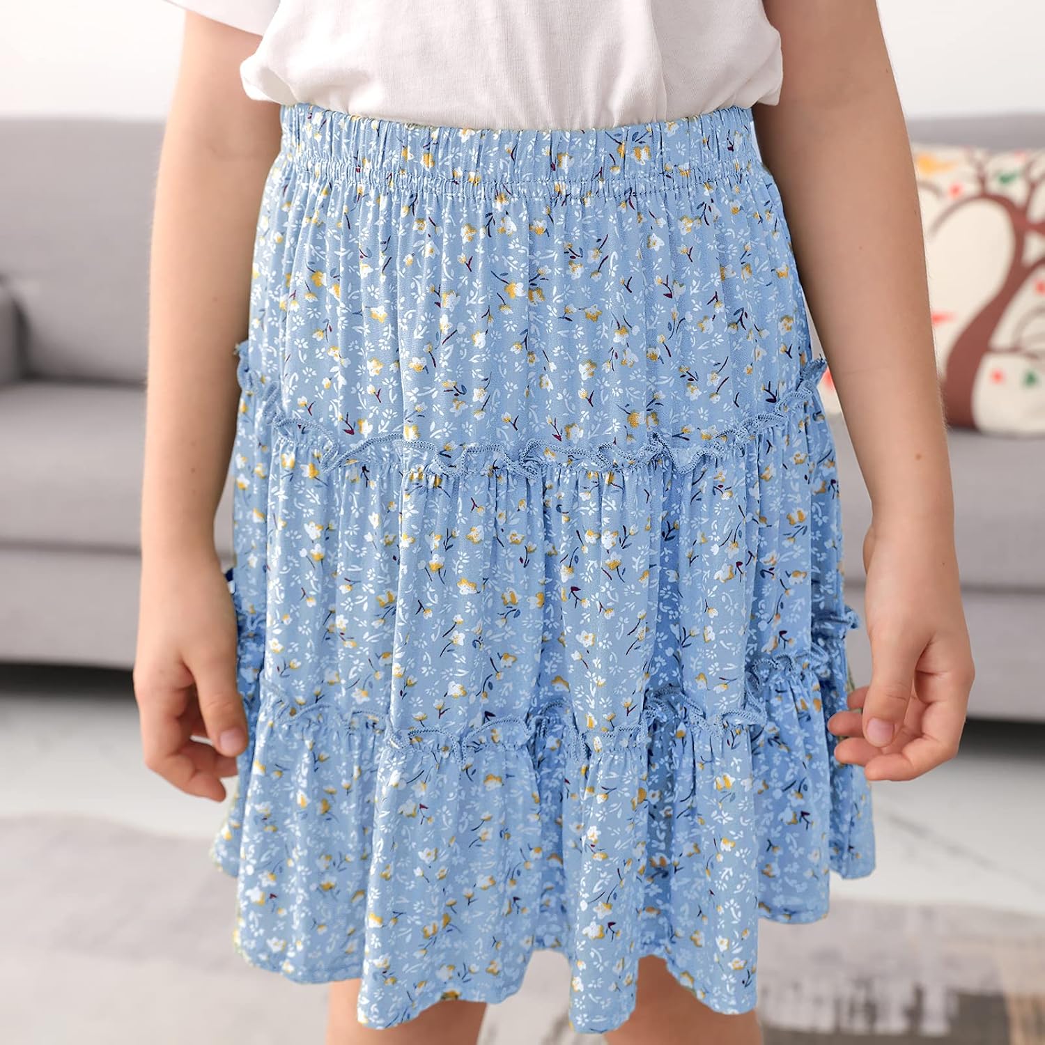 GORLYA Girls Ruffle Floral Boho Flowy Cute Tiered Short Mini Skater Skirts 4-14T - Image 5