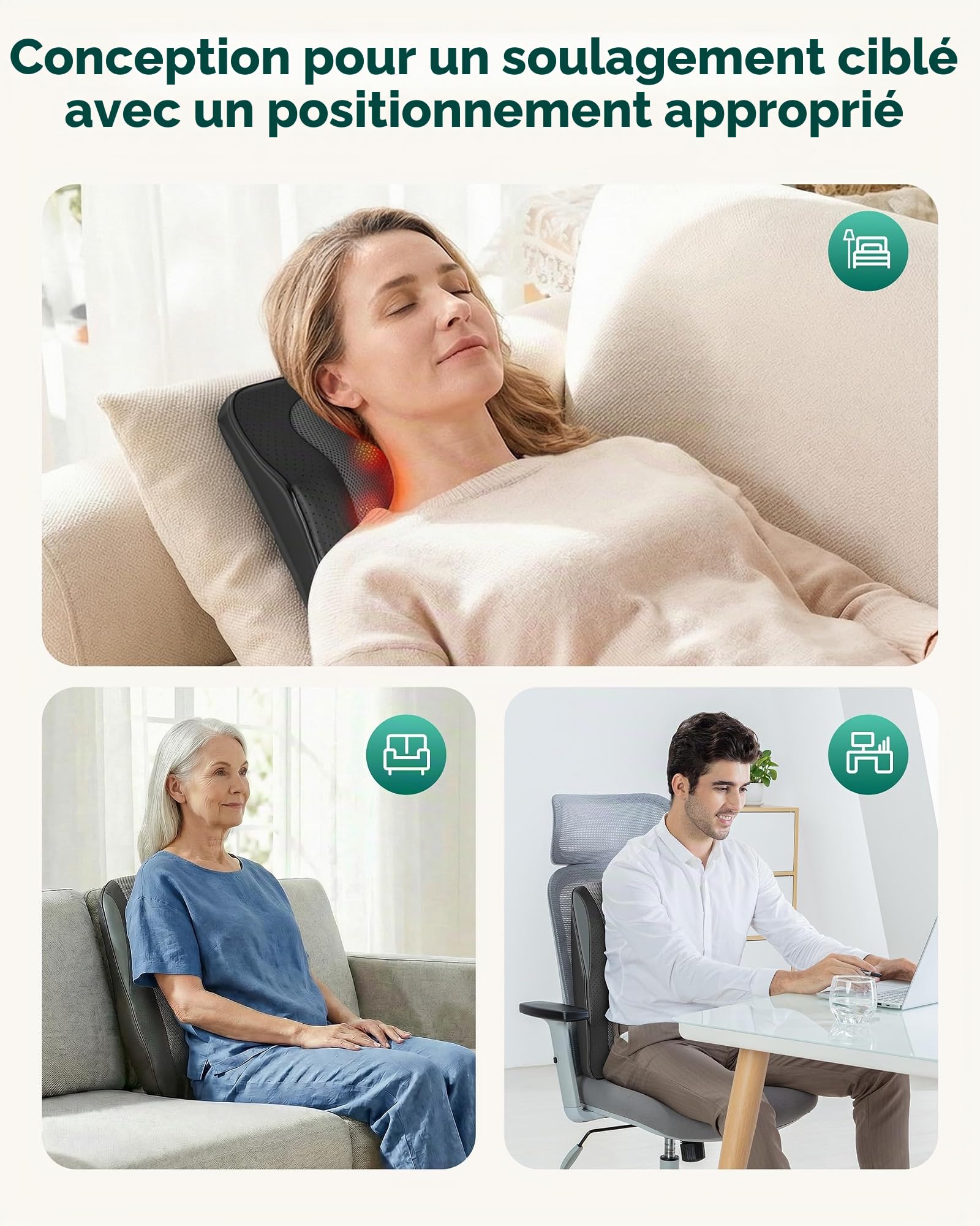 Snailax Shiatsu Masseur du bas du dos avec chaleur, masseur du dos et du cou avec chaleur profonde, coussin de massage 4D pour le bureau et la maison, cadeaux pour homme et femme