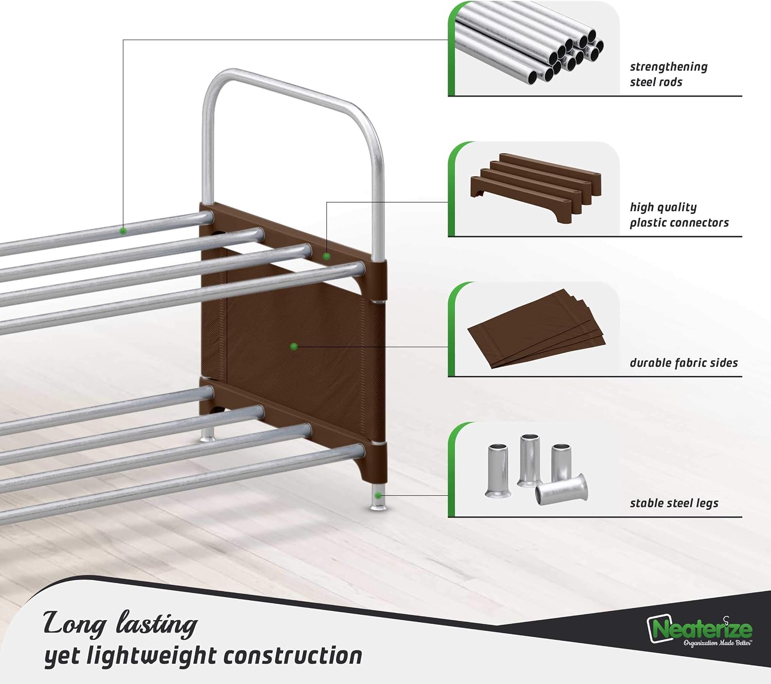 NEATERIZE 2 Tier Wide Shoe Rack | Stackable, Metal, Closet Shoe Organizer | Shoe Shelf Cabinet | Organizador De Zapatos | Shoe Rack For Closets, Entryway, Living Room And Bedroom (Brown)