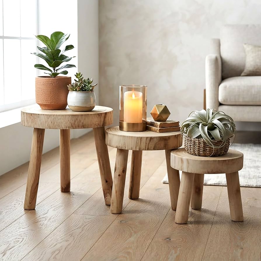 Spetebo Holz Blumenhocker mit 3 Beinen Natur 3er Set - 32/26 / 22 cm - Massivholz Deko Pflanzenständer rund