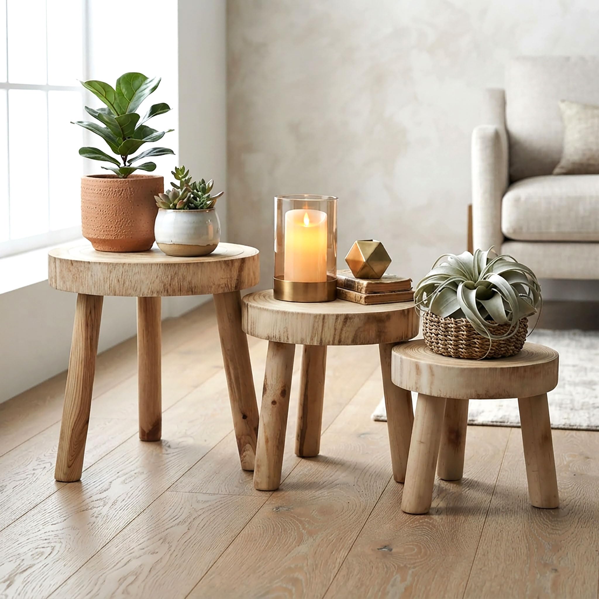 Spetebo Holz Blumenhocker mit 3 Beinen Natur 3er Set - 32/26 / 22 cm - Massivholz Deko Pflanzenständer rund