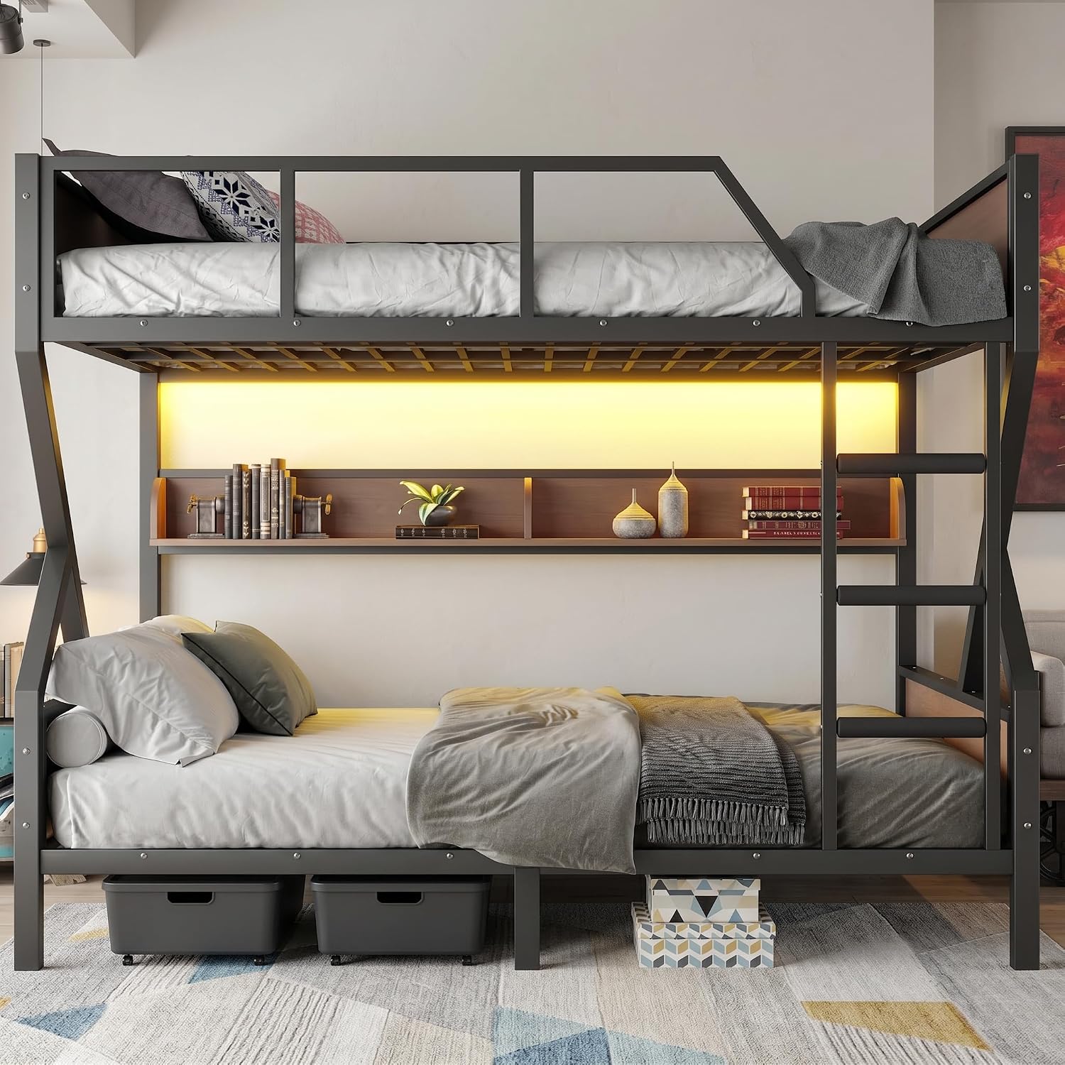 Full Size Bunk Bed with Storage Shelves & LED Lights, Metal Bunk Bed with Stairs & Noise-Free Design for Kids Adults, Black