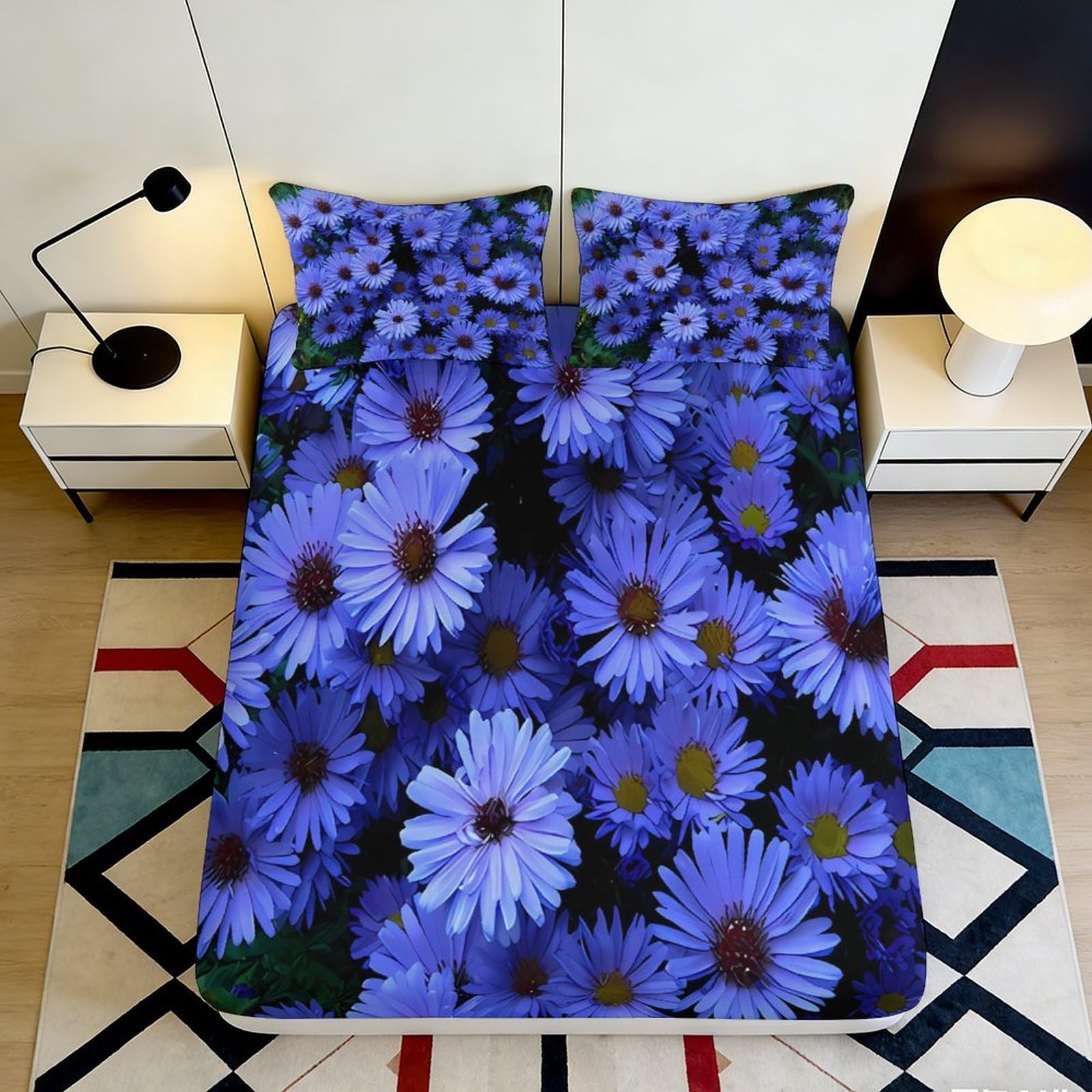 3D Printed Purple Daisy Fitted Sheet Microfiber Soft Breathable Floral Mattress Cover for Bedroom Dormitory Guest Room Protection Decor 160x200x25cm