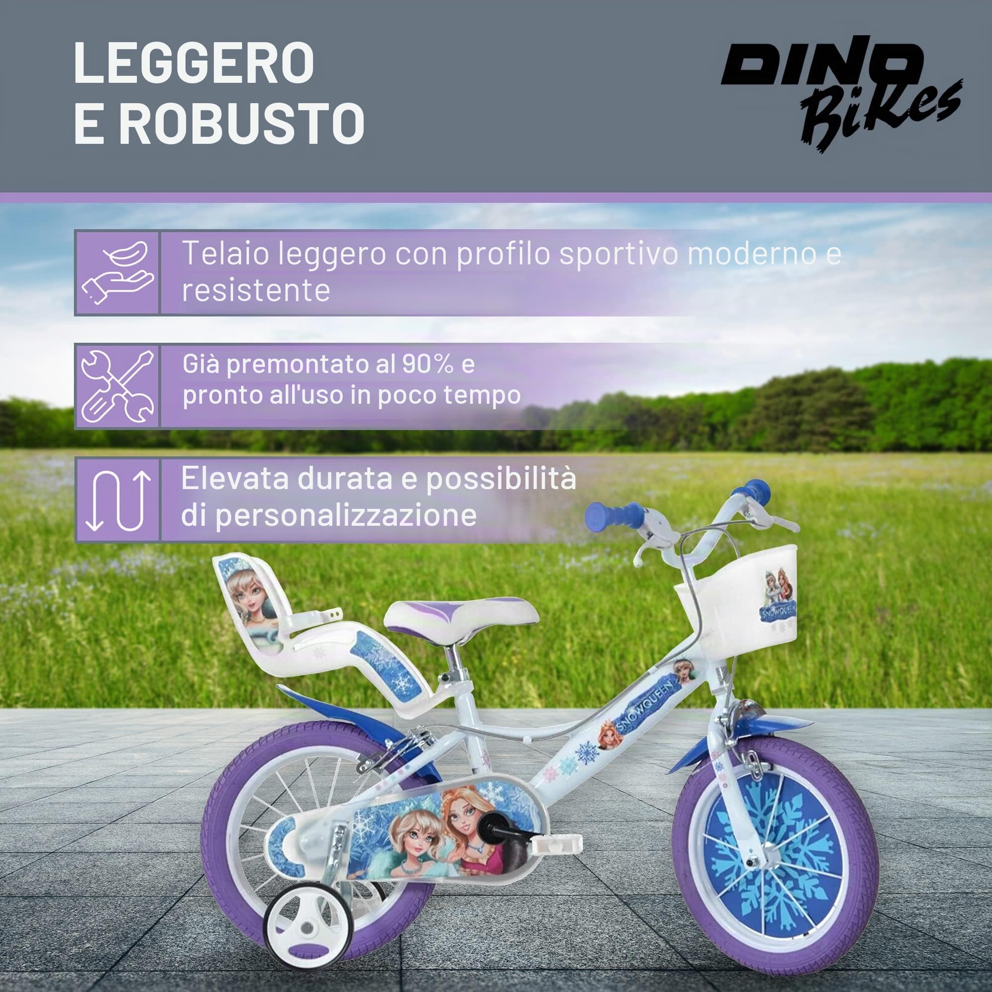 Dino Bikes - Bicicletta per bambini Frozen - Bicicletta da ragazza con ruote di supporto rimovibili a partire dai 2 anni - Bicicletta per bambini con cestino anteriore e supporto per bambole, altezza
