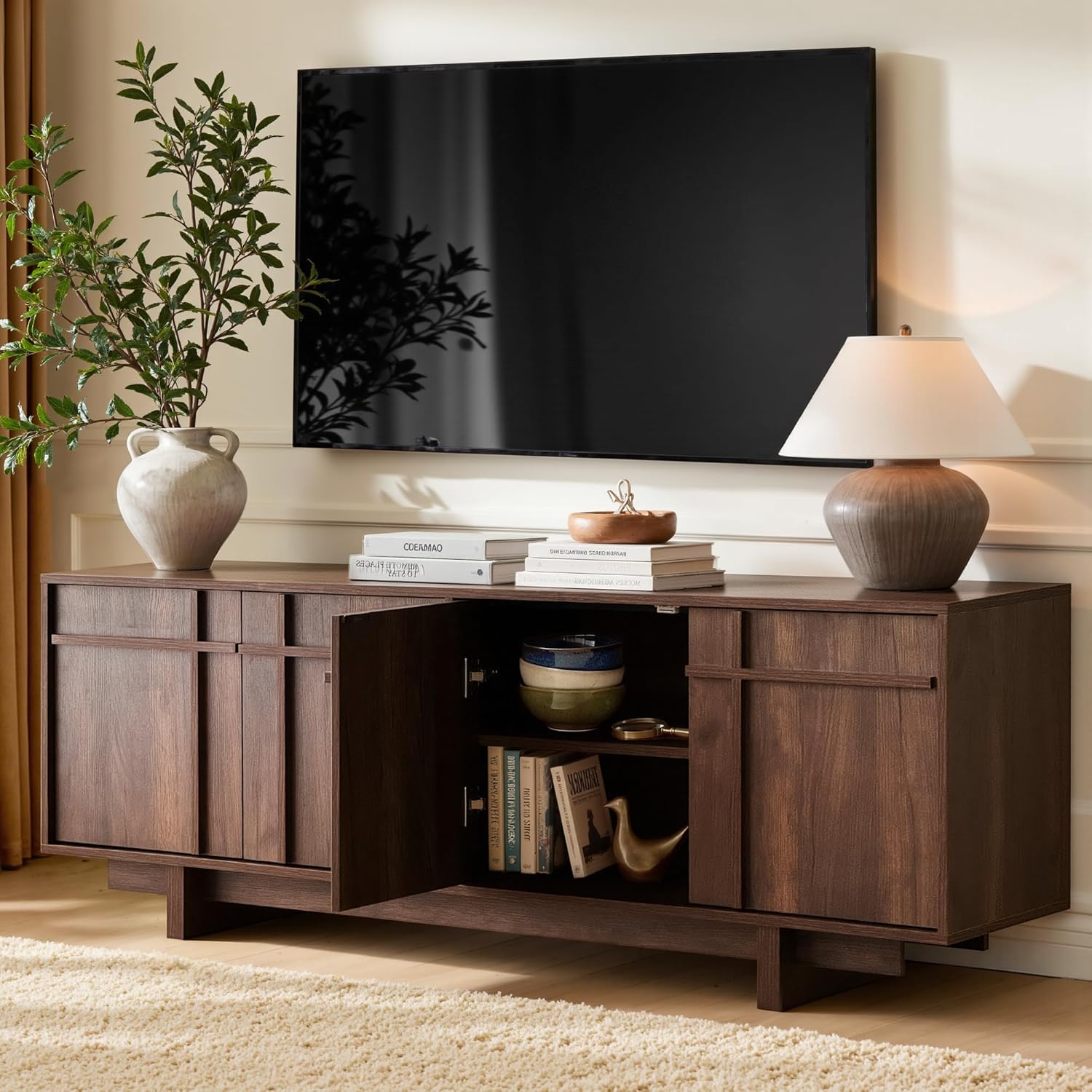 TV Stand for 75 Inch TV, Mid Century Modern TV Stand with Skeletal Lines Design, Wood Grain Finish, Media Console with Storage, 68" Entertainment Center for Living Room,Bedroom, Walnut