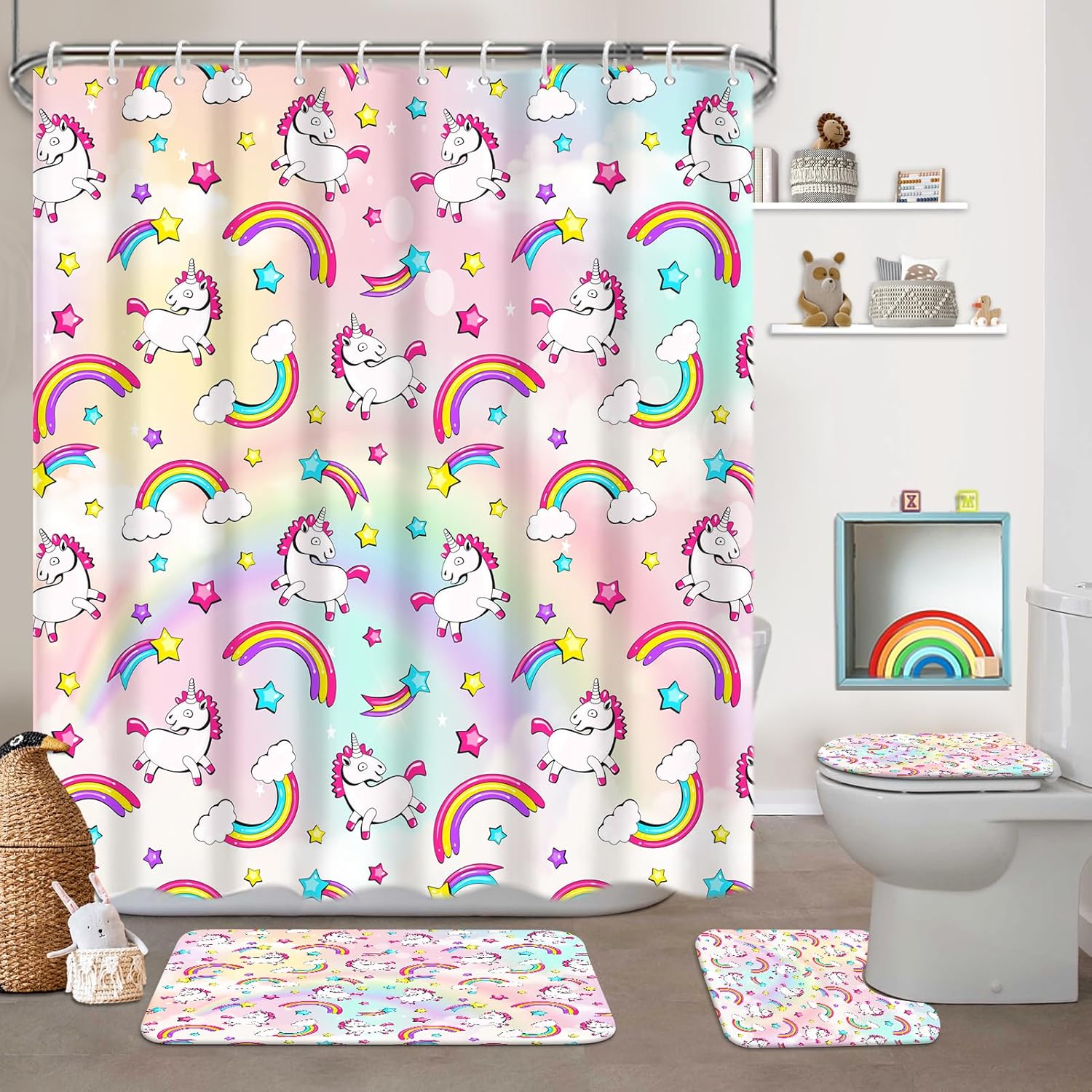 KINUUIS 4 Pcs Kids Bathroom Set Pink Unicorn Rainbow Shower