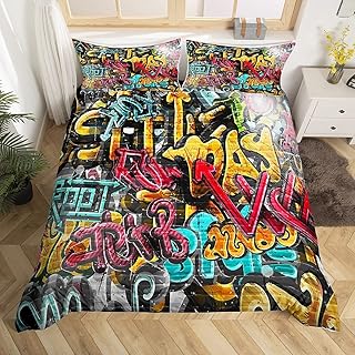Hippie Graffiti Bedding Set Boys Teens Hip Hop Street Culture Bedding &Linen Kids Youth Wall Graffiti Art Duvet Cover Graffiti Pattern Comforter Cover Set,Room Decor 3Pcs Double Bedding