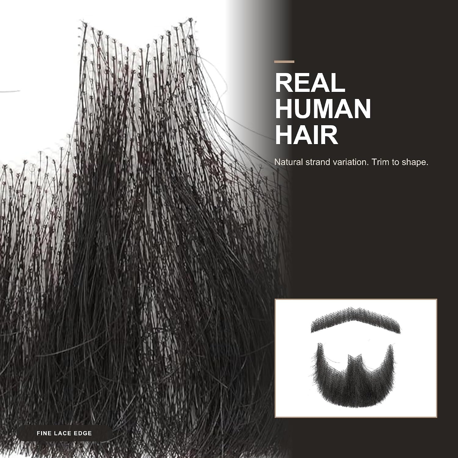Black Real Human Hair Stick-On Beard and Mustache Set with Adhesive Tape, Trimmable Fake Facial Hair for Men, Realistic Costume Beard for Halloween, Cosplay, Theater, Parties, and Character Looks