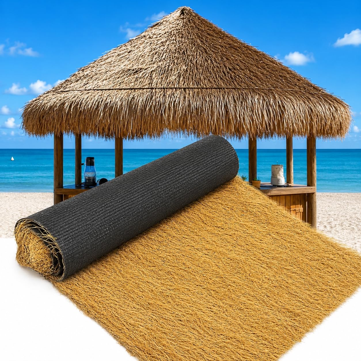 GrecoShop Copertura in Paglia Sintetica 1x10 m per Tetti, Gazebi e Ombrelloni Tropicali, Resistente agli Agenti Atmosferici e ai Raggi UV, Effetto Naturale Realistico per Esterni e Giardini