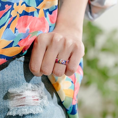 Vista 3 de ThunderFit - Anillos de boda de silicona para mujeres, diseño impreso transpirable de goma para compromiso de 5.5mm de ancho y 1.8mm de grosor - 1