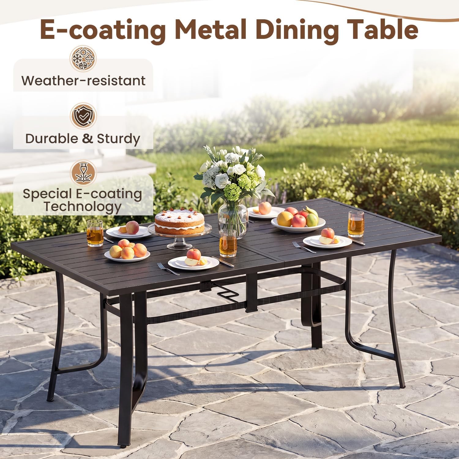 Mdeam 63" x 35.8" Patio Dining Table for 6, Metal Outdoor Rectangle Table with E-Coating, Umbrella Hole, Adjustable Feet, All Weather Steel Slat Table for Backyard Porch Deck Garden Balcony, Black