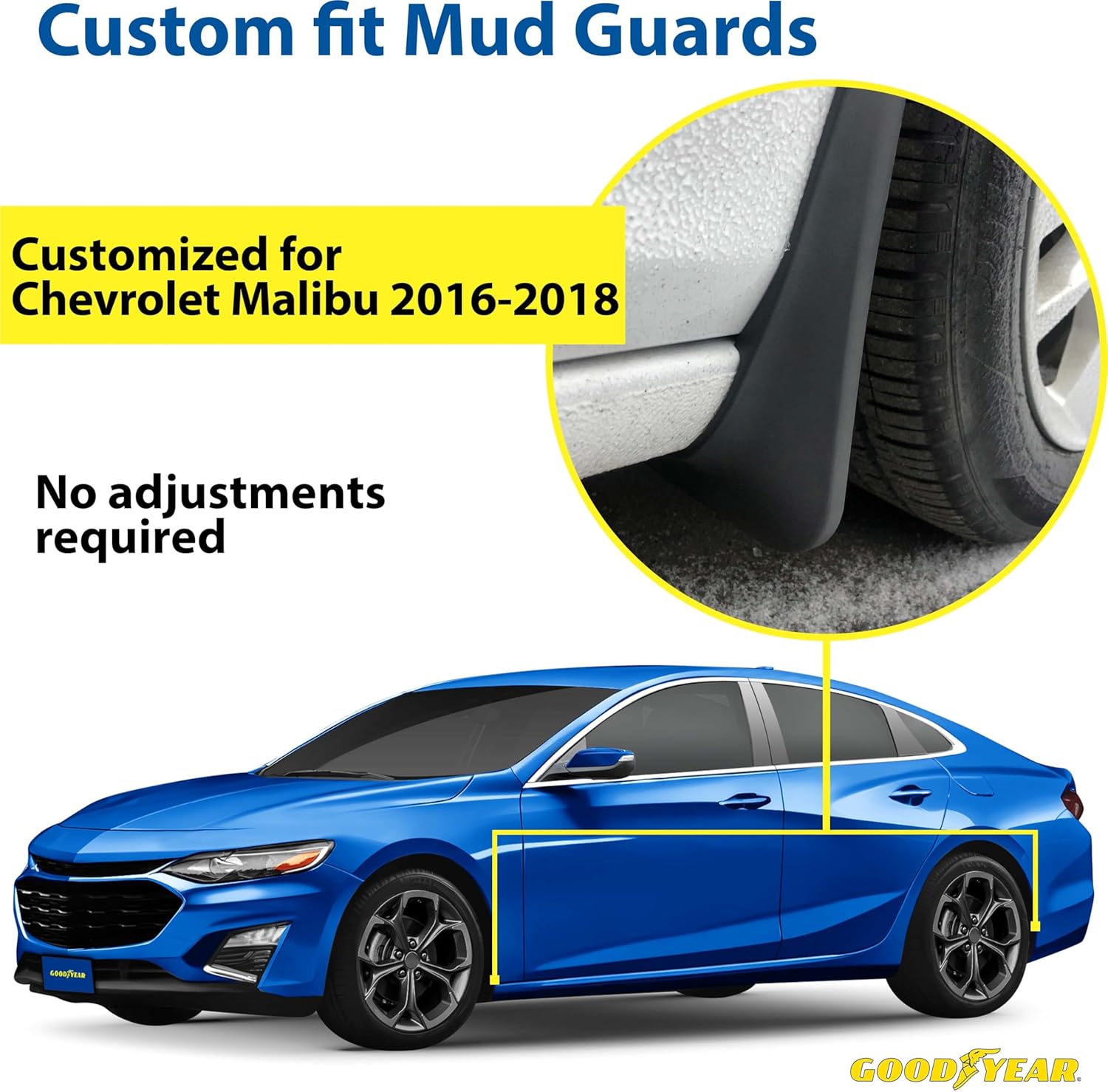Goodyear Mud Flaps for Chevrolet (Chevy) Malibu 2016-2018, Pair, Heavy-Duty Thermoplastic, Custom Fit, Easy to Install, Road/Weather Durability, Car Accessories - GY004709