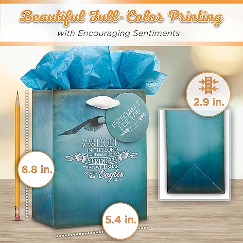 Miniatura 2 de Christian Art Gifts Bolsa de regalo con papel de seda On Wings Like Eagles - Isaías 4031 versículo bíblico inspirador, azul, pequeña