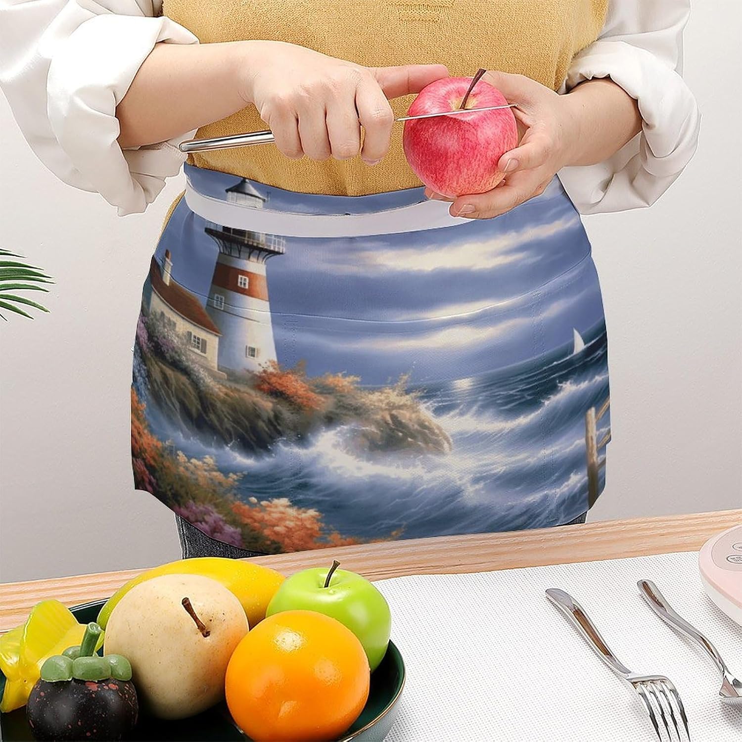 Lighthouse Diamond Painting Server Aprons for Women And Men Waterproof Half Apron with 3 Pockets Deluxe Oxford Fabric Waist Aprons Adjustable Chef Apron for Kitchen Bar Home