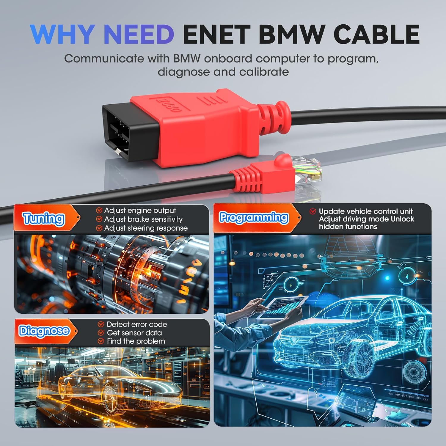 Autel Enet OBD 2 Cable for BMW F G Series Coding, Ethernet to OBD II OBDII Interface Cable, Compatible with BMW Software E-SYS ICOM ISTA+, Programming/Refresh Hidden Function, High Speed, 6.6ft/ 2M