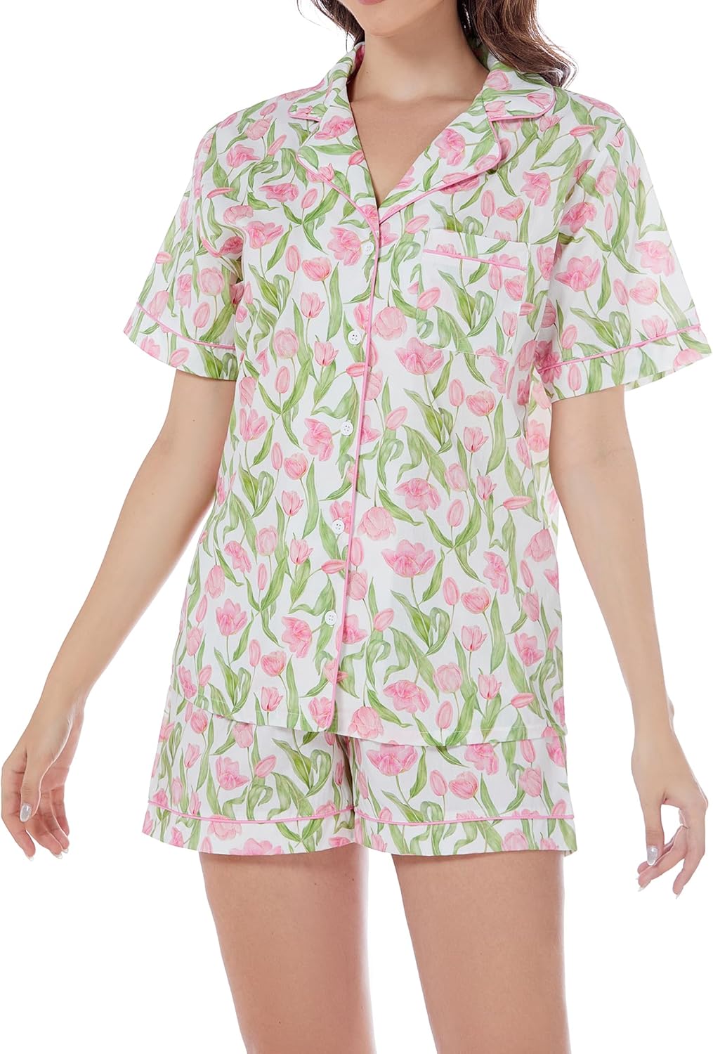 LUBOT 100% Cotton Pajamas for Women 2 Piece PJ Set Woven Poplin Ladies Button Down Short Sleeve Summer Sleepwear S-XXL