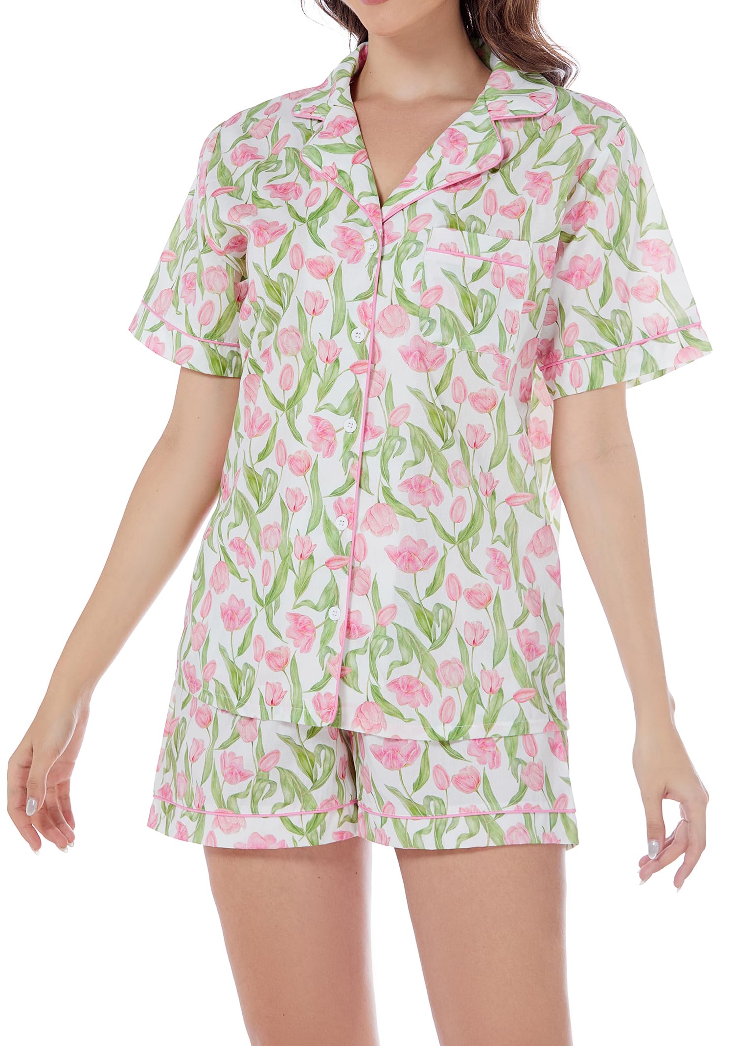 LUBOT 100% Cotton Pajamas for Women 2 Piece PJ Set Poplin Woven Lightweight Ladies Button Short Sleeve Sleepwear S-XXL