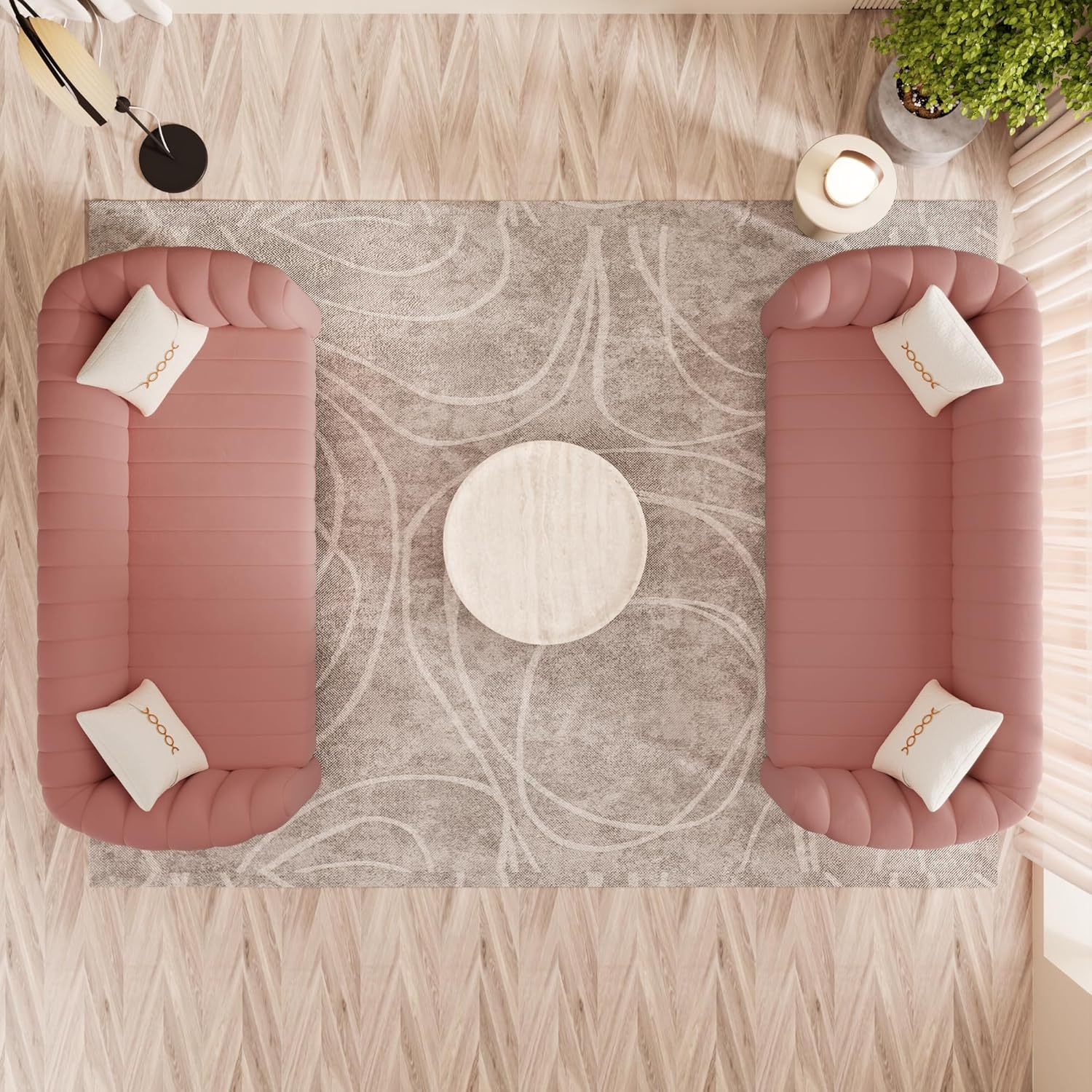 Modern 2-Piece Pink Velvet Sofa Set for Living Room, Tufted Curved Couch Set with Gold Metal Sphere Legs (Pink, 3+3 Set)